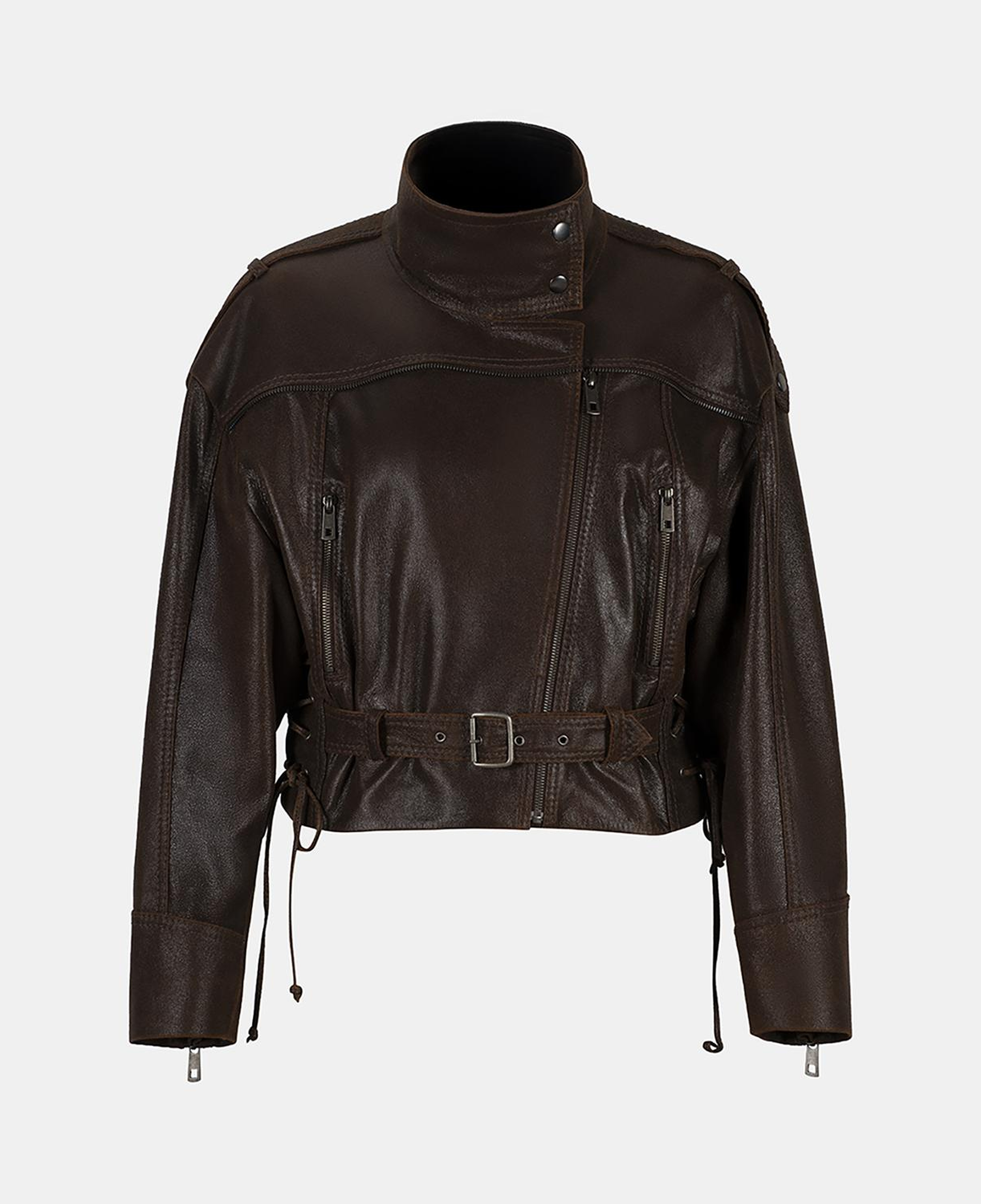 Kadın Kahve Oversize Kemerli Biker Deri Ceket