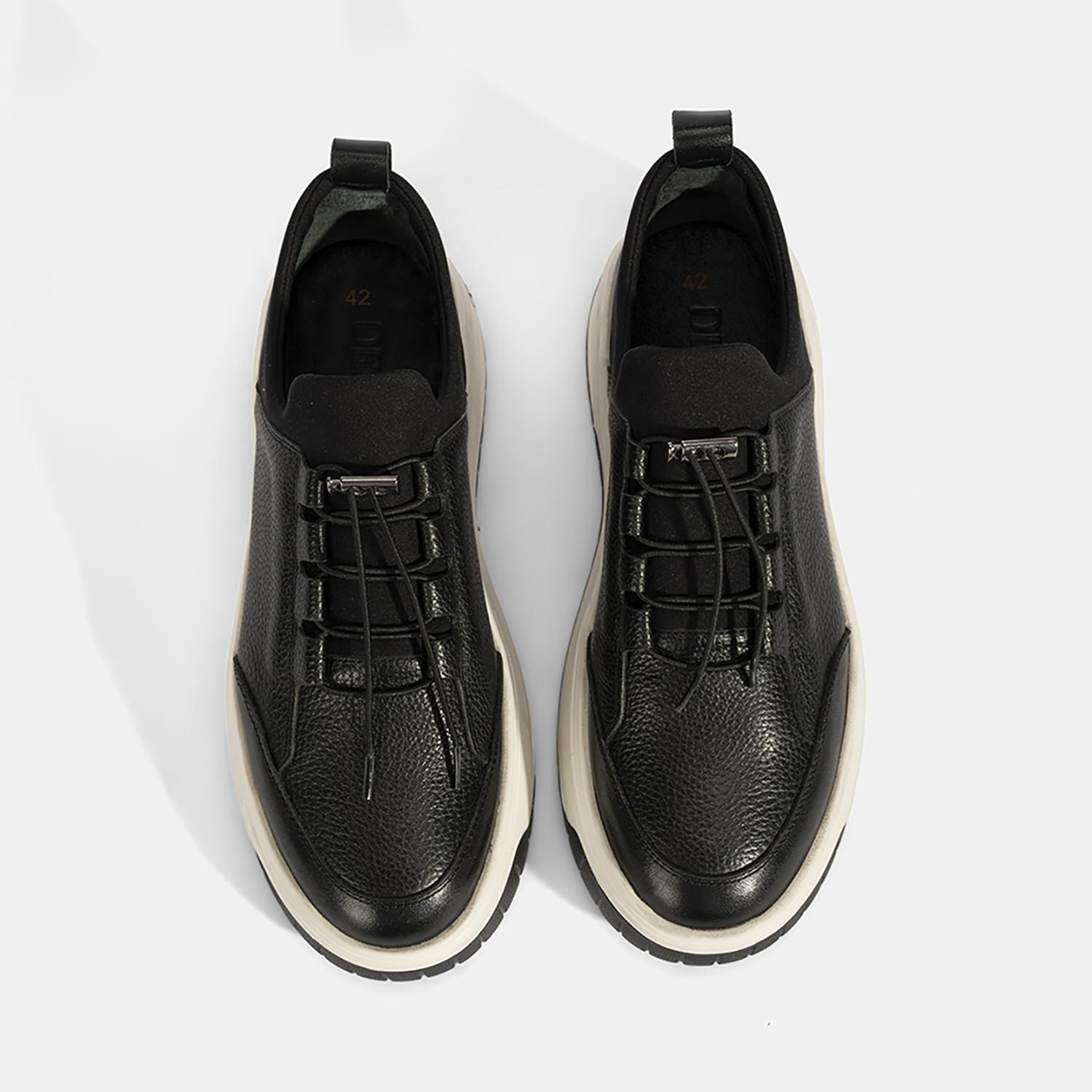 Erkek Siyah Lastik Bağcıklı Deri Sneaker