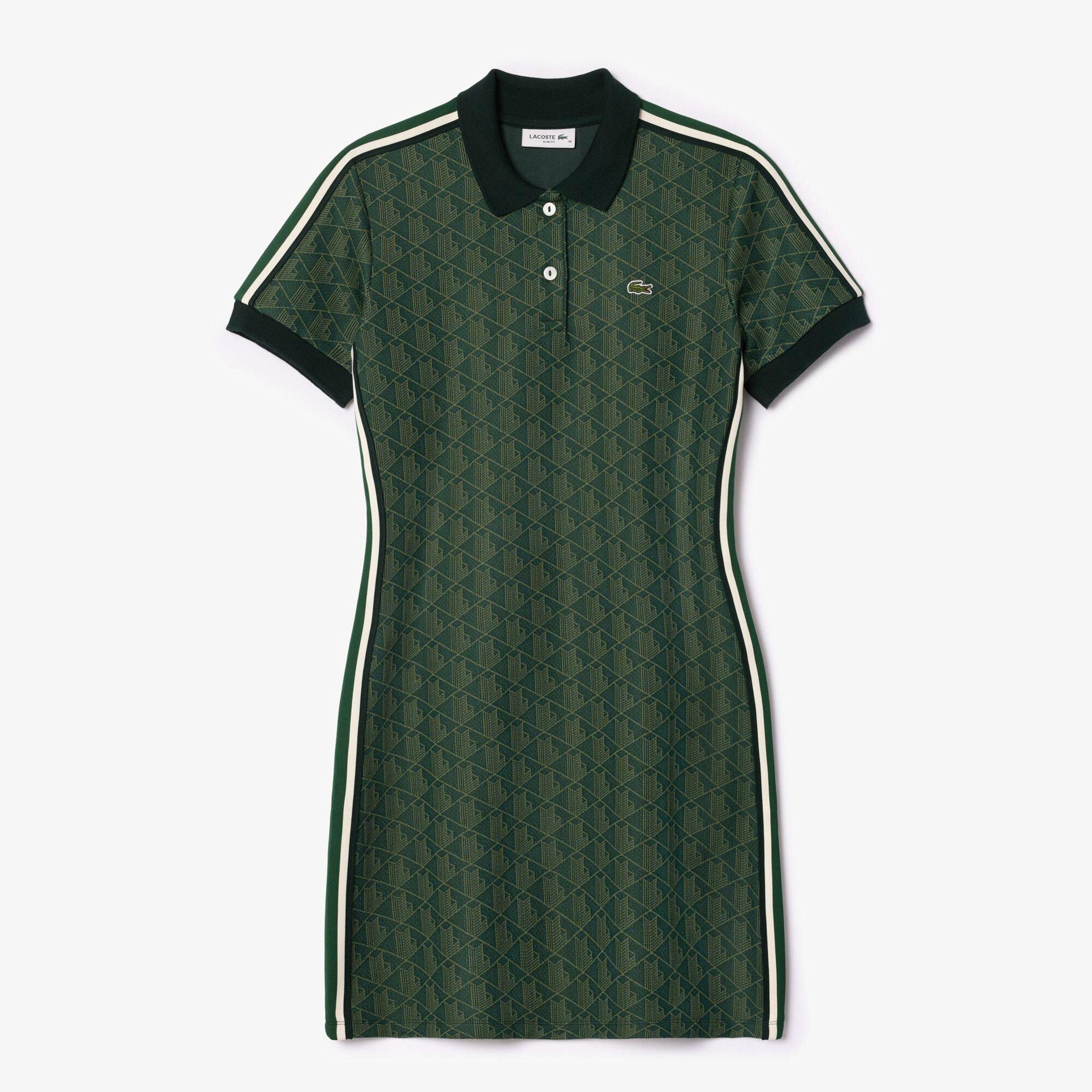 Lacoste Kadın Slim Fit Kısa Kollu Polo Yaka Monogram Koyu Yeşil Elbise