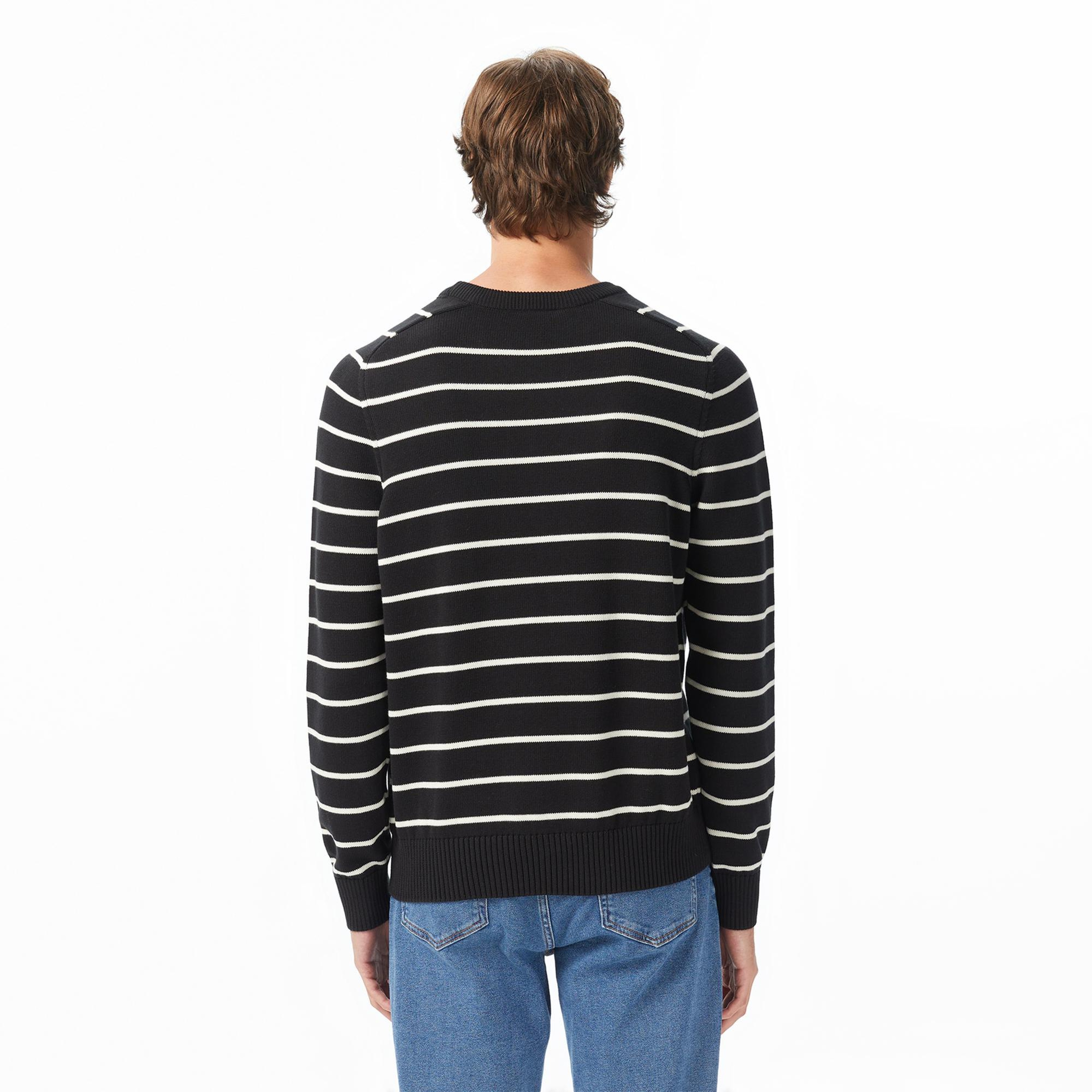 Lacoste Erkek Classic Fit Bisiklet Yaka Çizgili Siyah Kazak