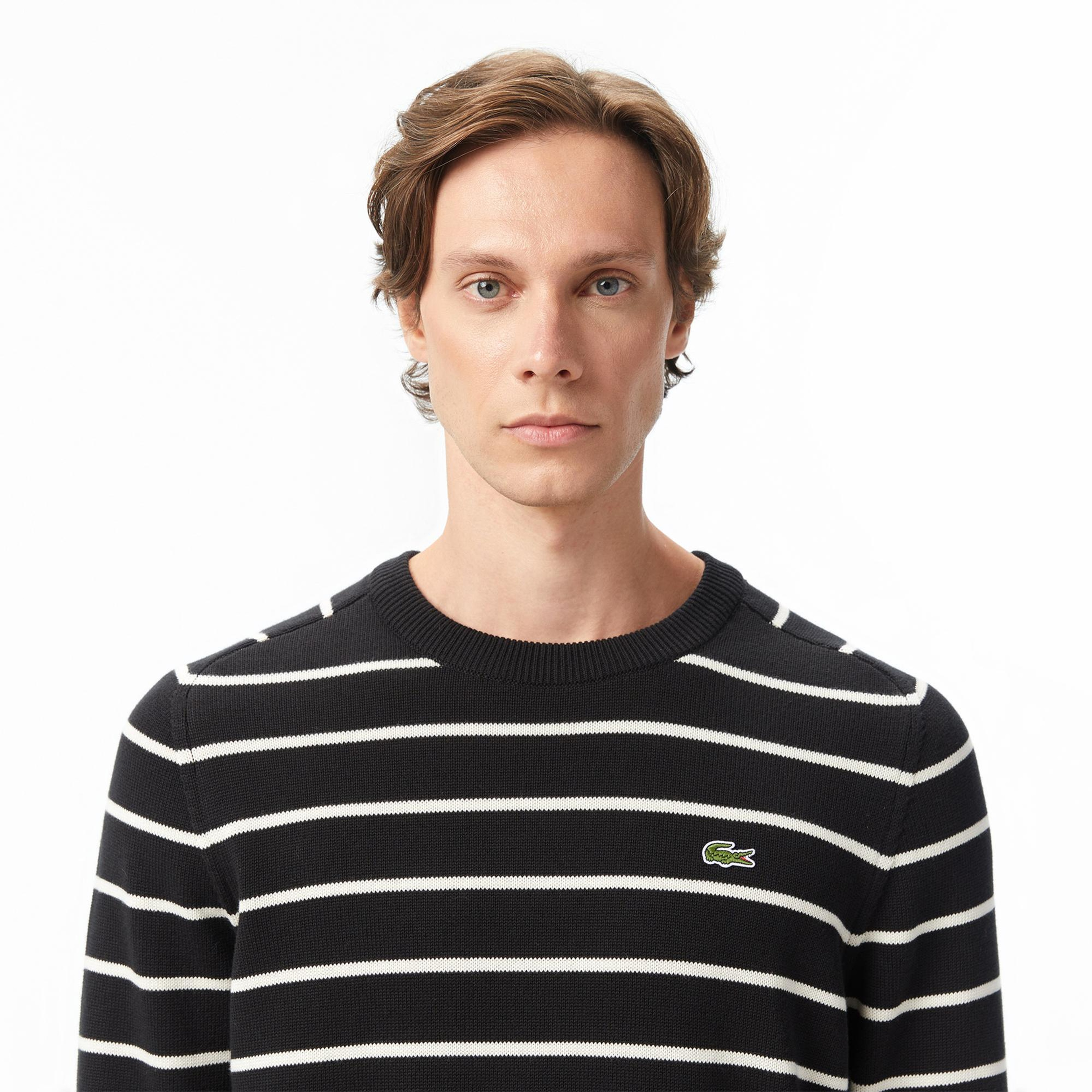 Lacoste Erkek Classic Fit Bisiklet Yaka Çizgili Siyah Kazak