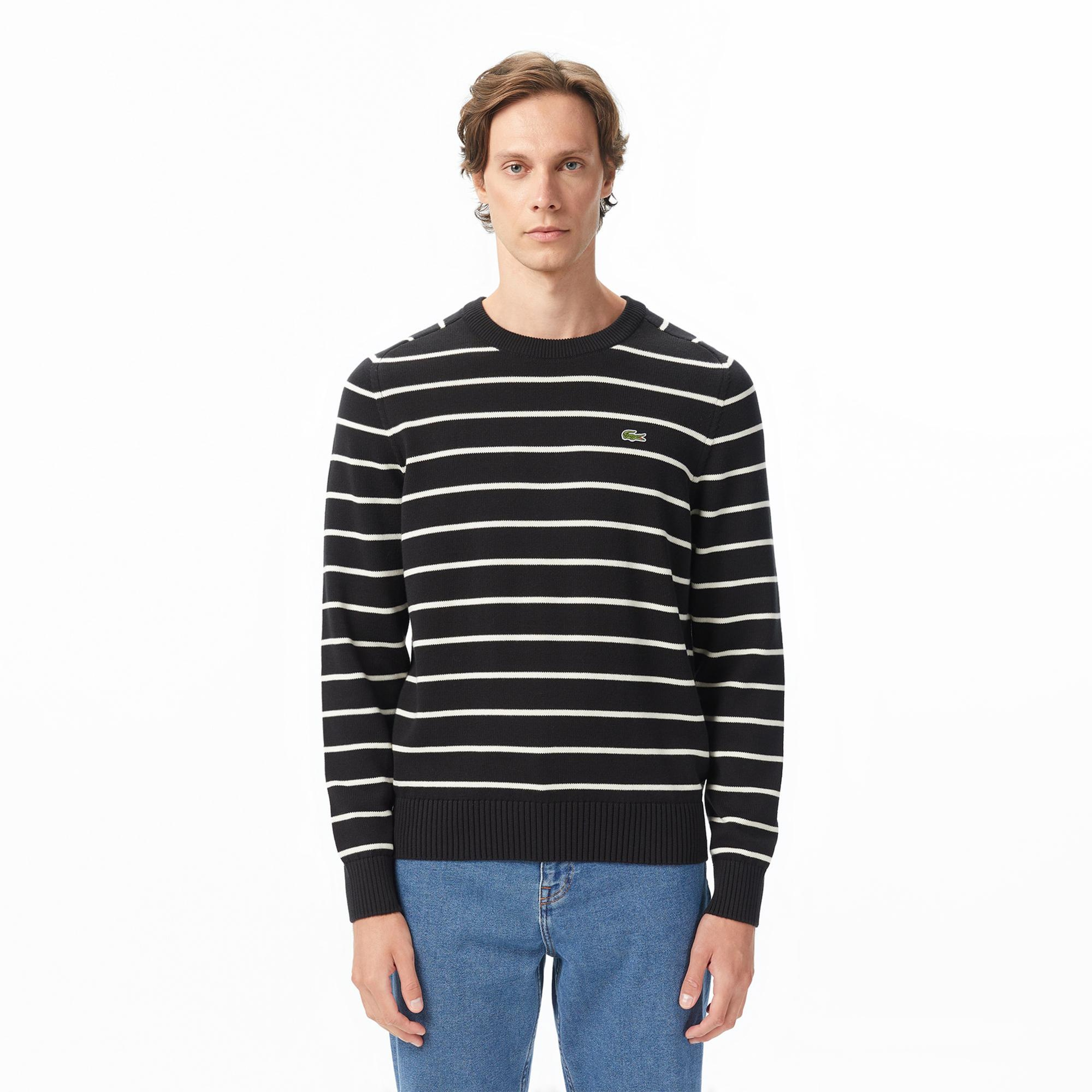 Lacoste Erkek Classic Fit Bisiklet Yaka Çizgili Siyah Kazak