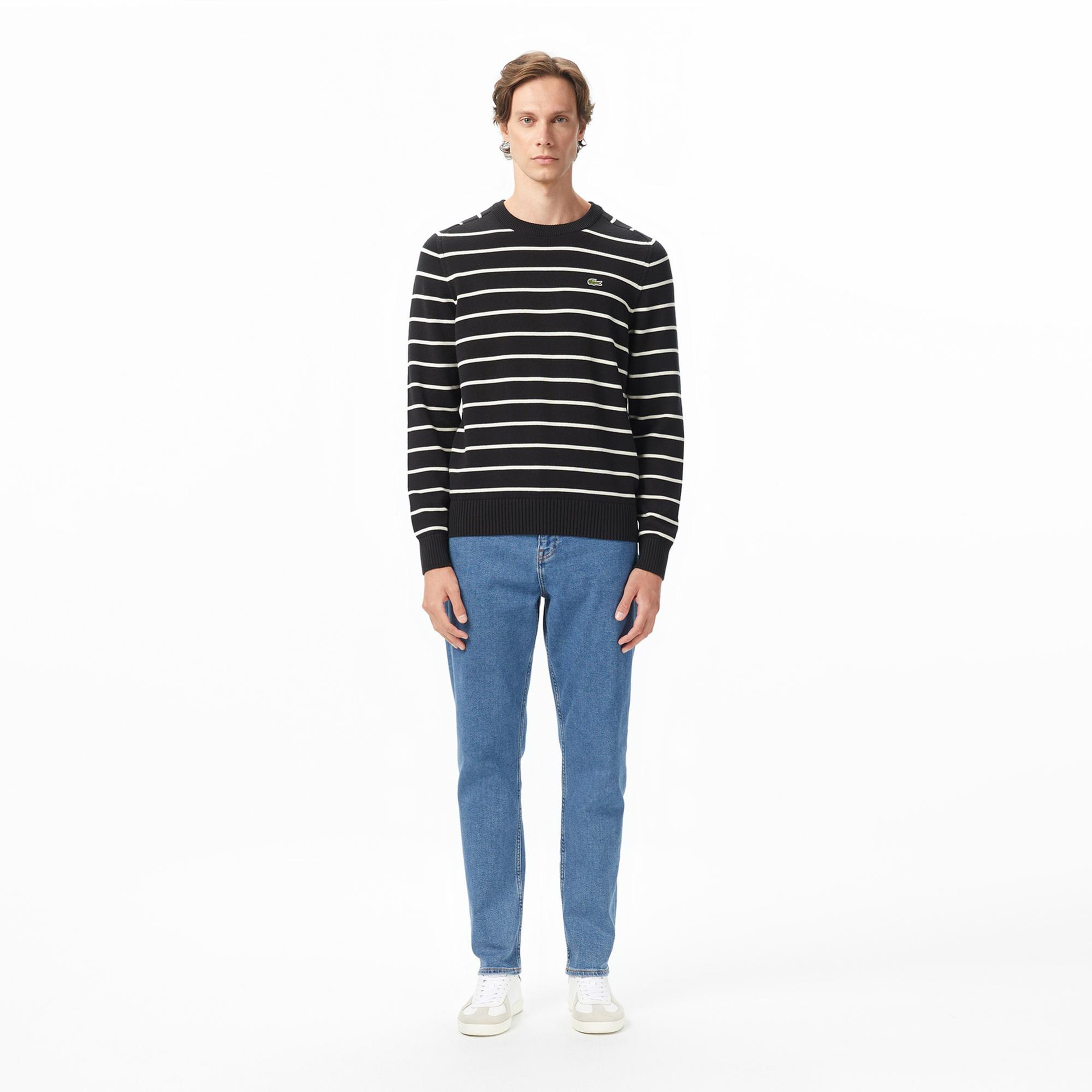 Lacoste Erkek Classic Fit Bisiklet Yaka Çizgili Siyah Kazak