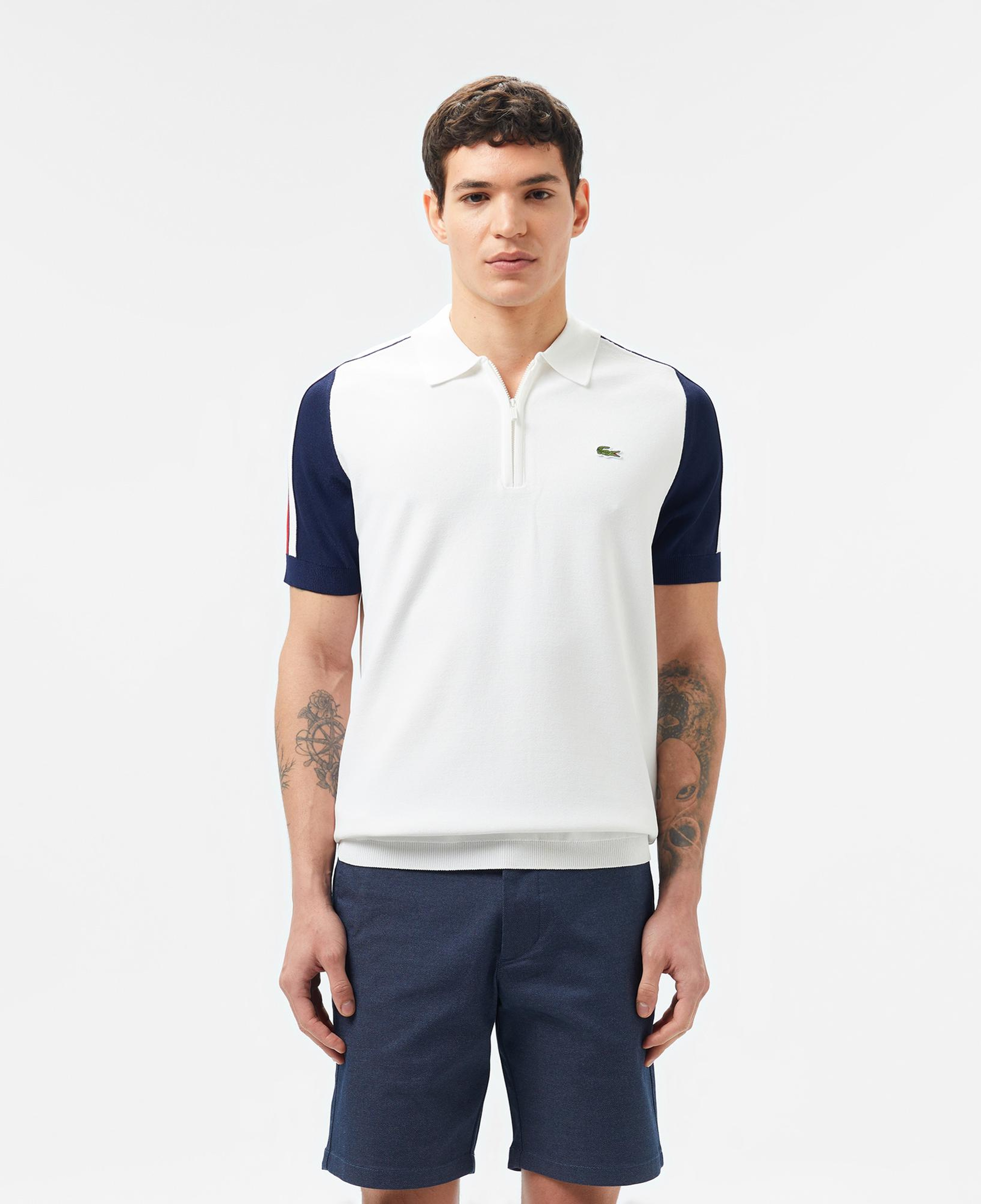 Lacoste Erkek Kısa Kollu Yarım Fermuarlı Renk Bloklu Beyaz Triko