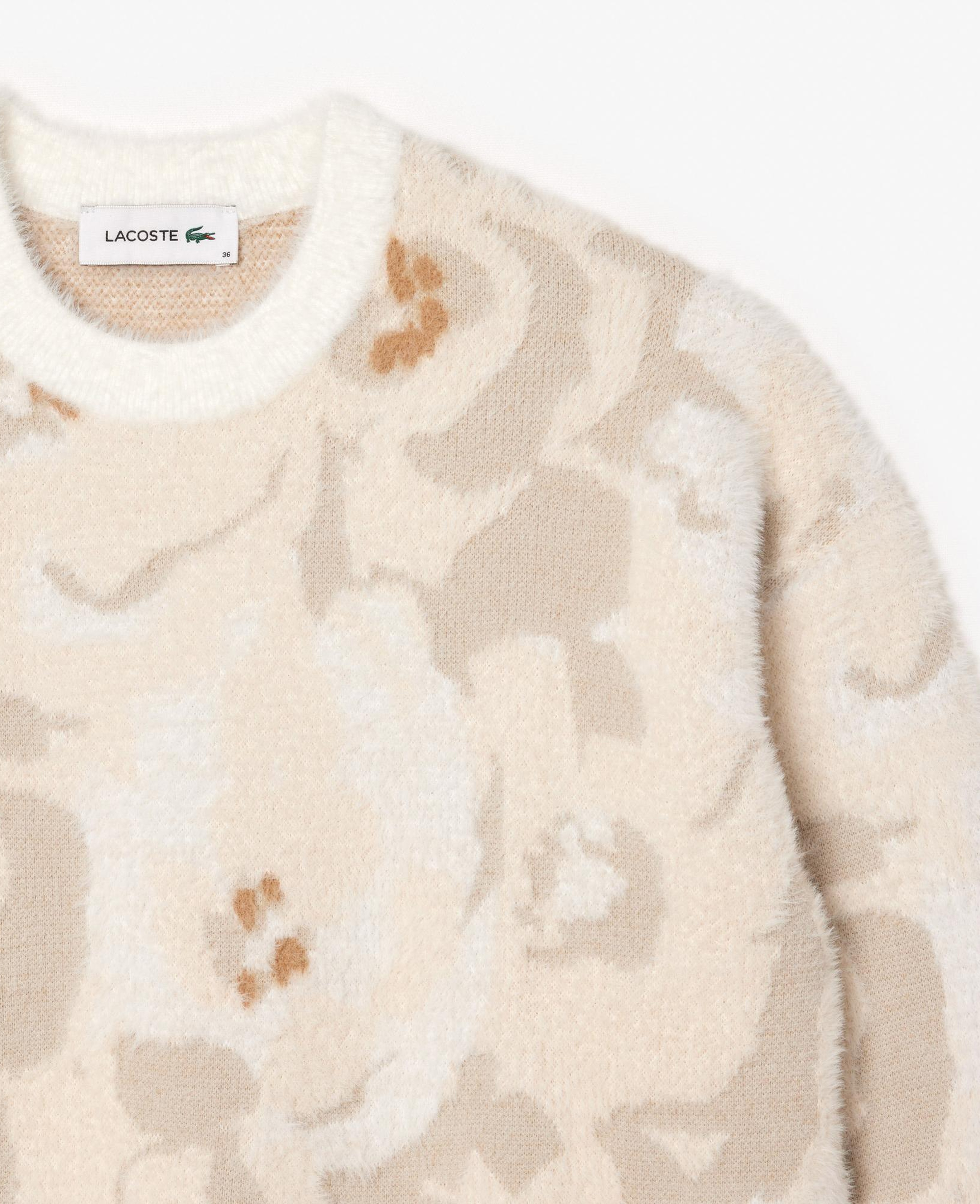 Lacoste Kadın Relaxed Fit Bisiklet Yaka Desenli Krem Kazak