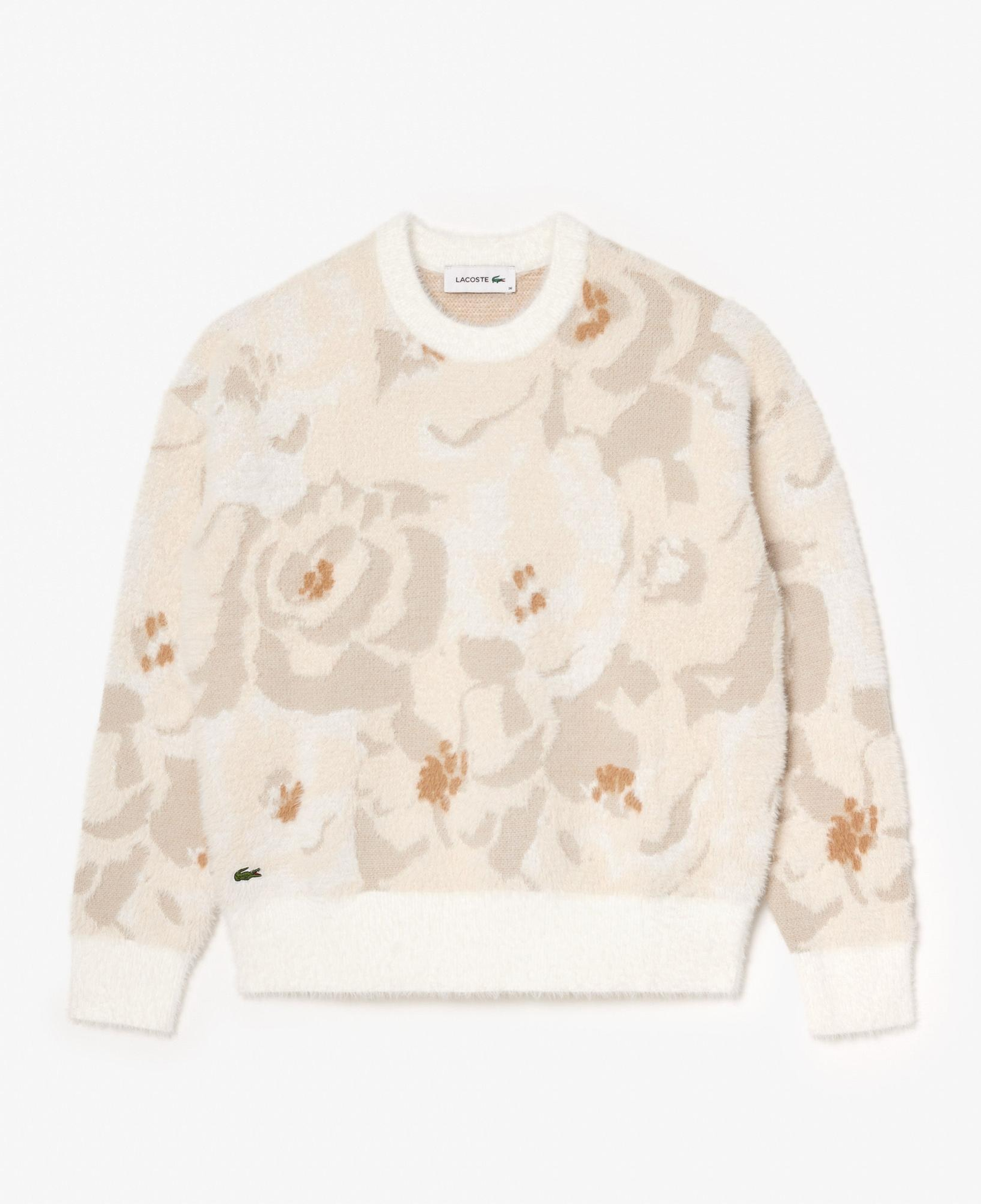 Lacoste Kadın Relaxed Fit Bisiklet Yaka Desenli Krem Kazak