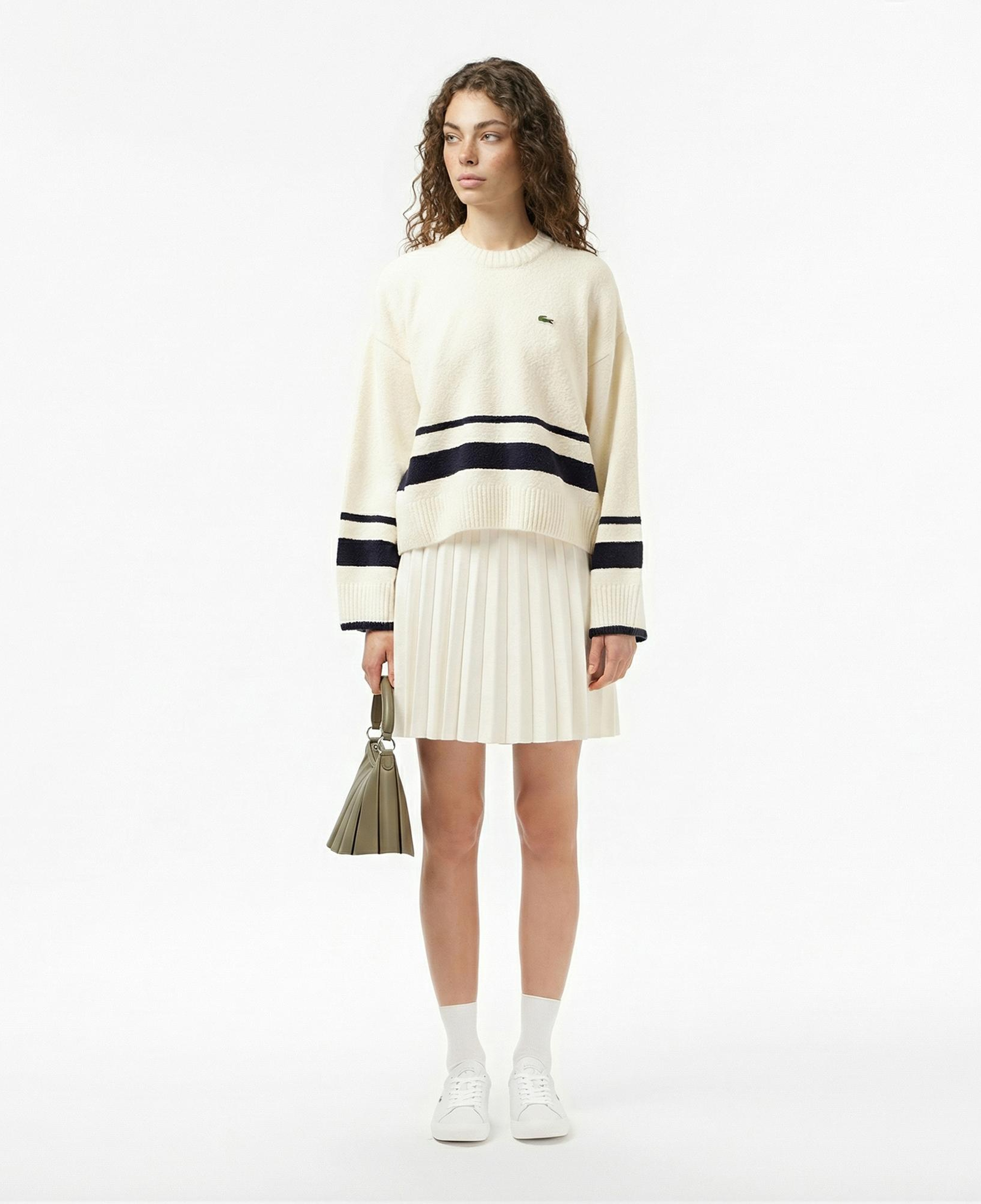 Lacoste Kadın Loose Fit Bisiklet Yaka Çizgili Krem Kazak