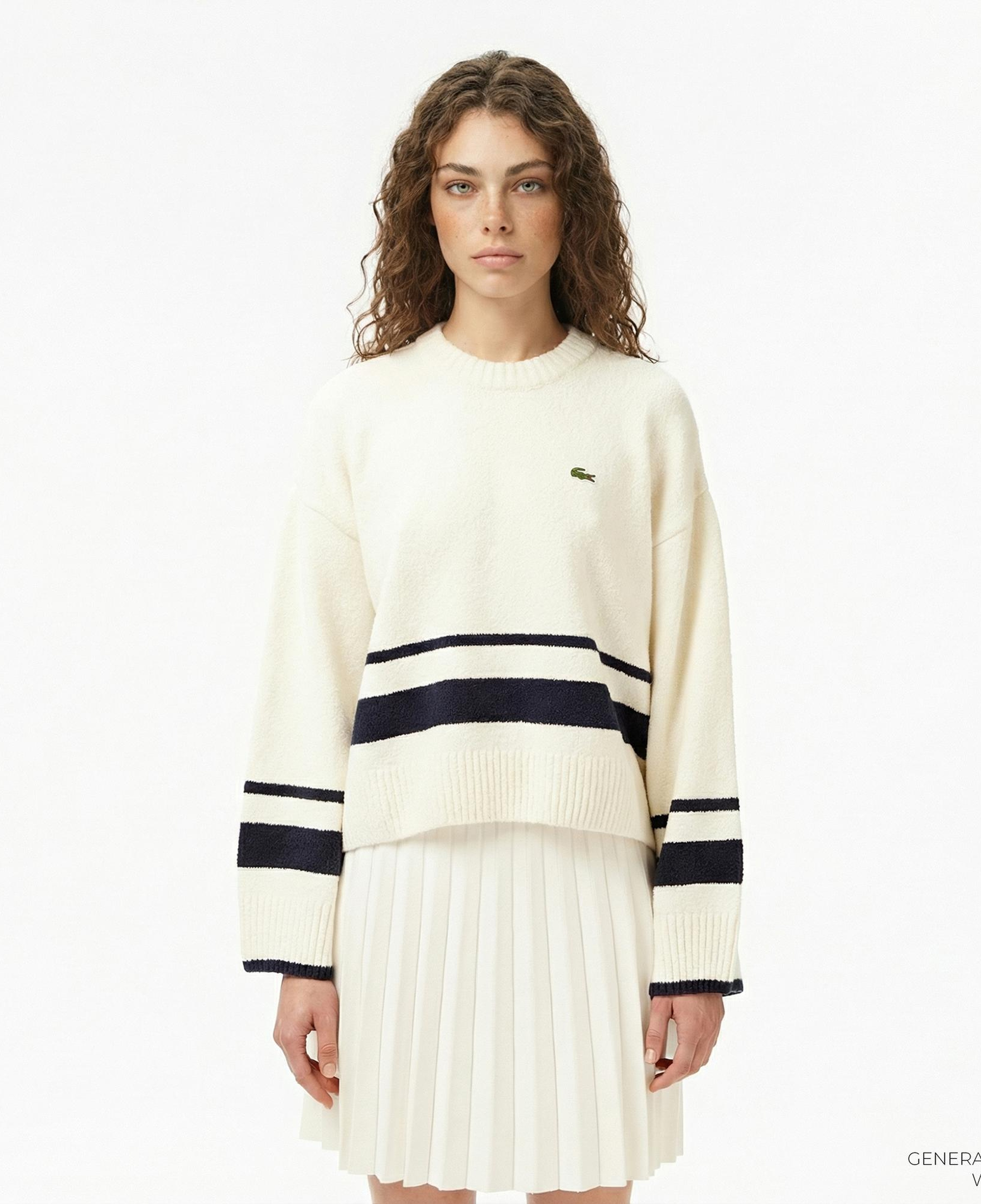 Lacoste Kadın Loose Fit Bisiklet Yaka Çizgili Krem Kazak