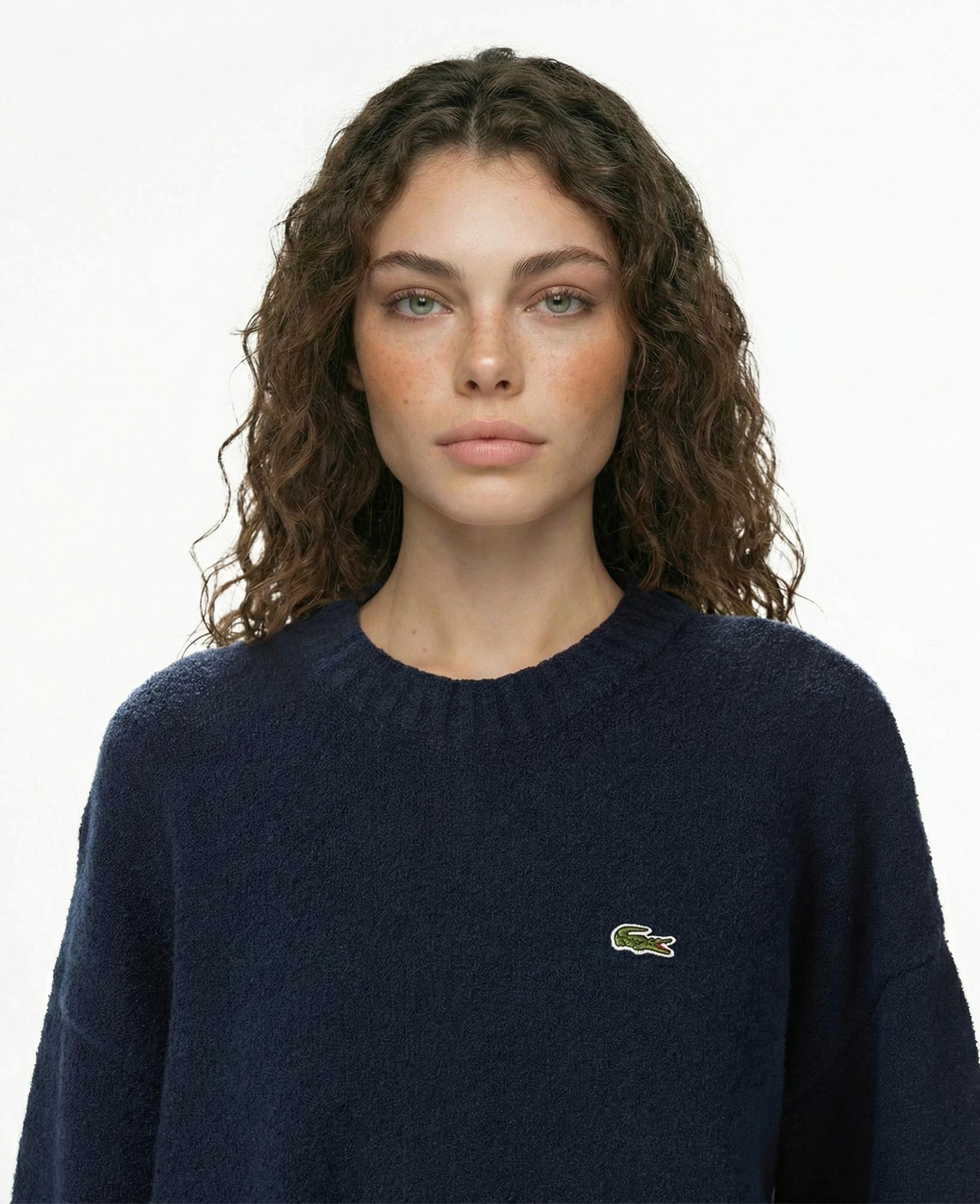 Lacoste Kadın Loose Fit Bisiklet Yaka Çizgili Lacivert Kazak