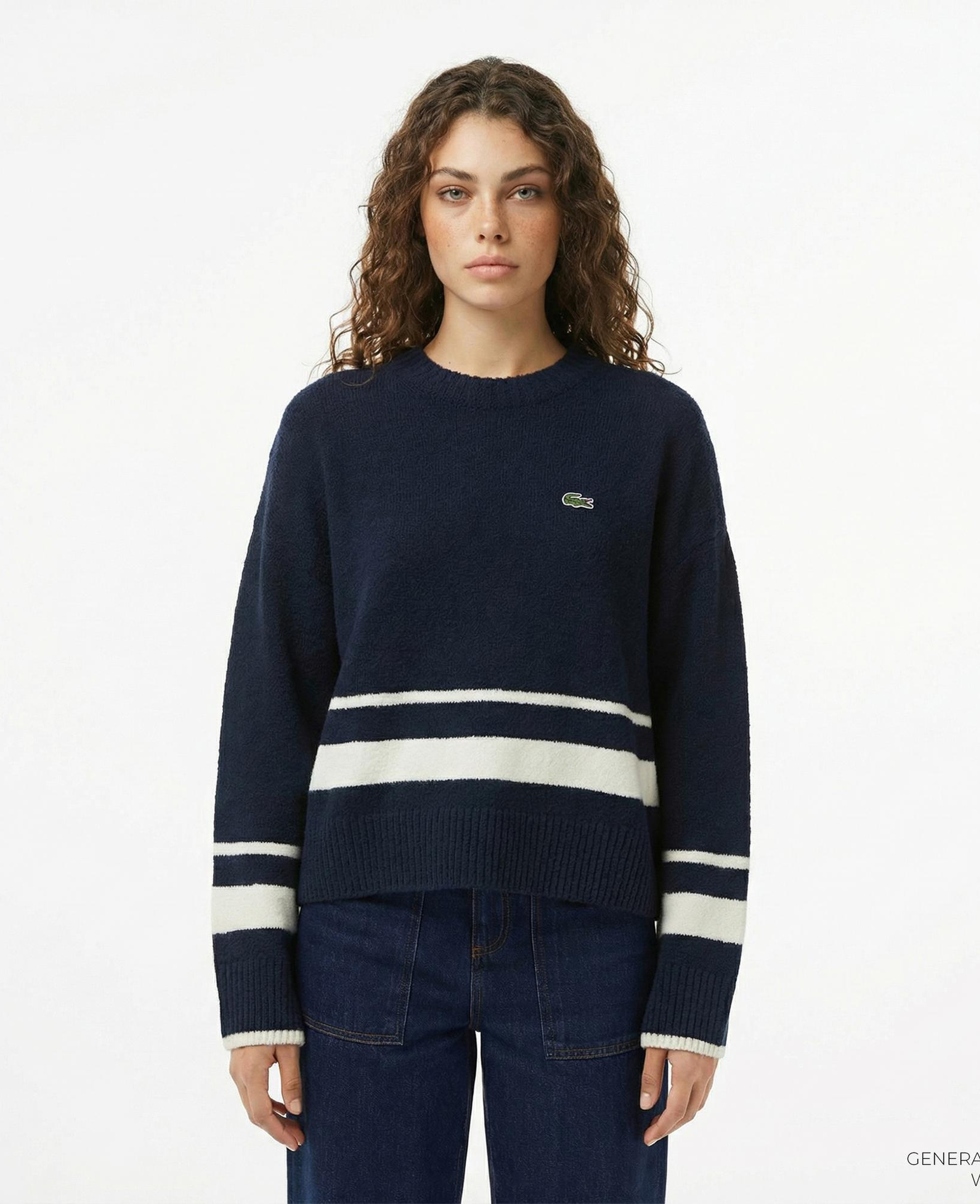 Lacoste Kadın Loose Fit Bisiklet Yaka Çizgili Lacivert Kazak