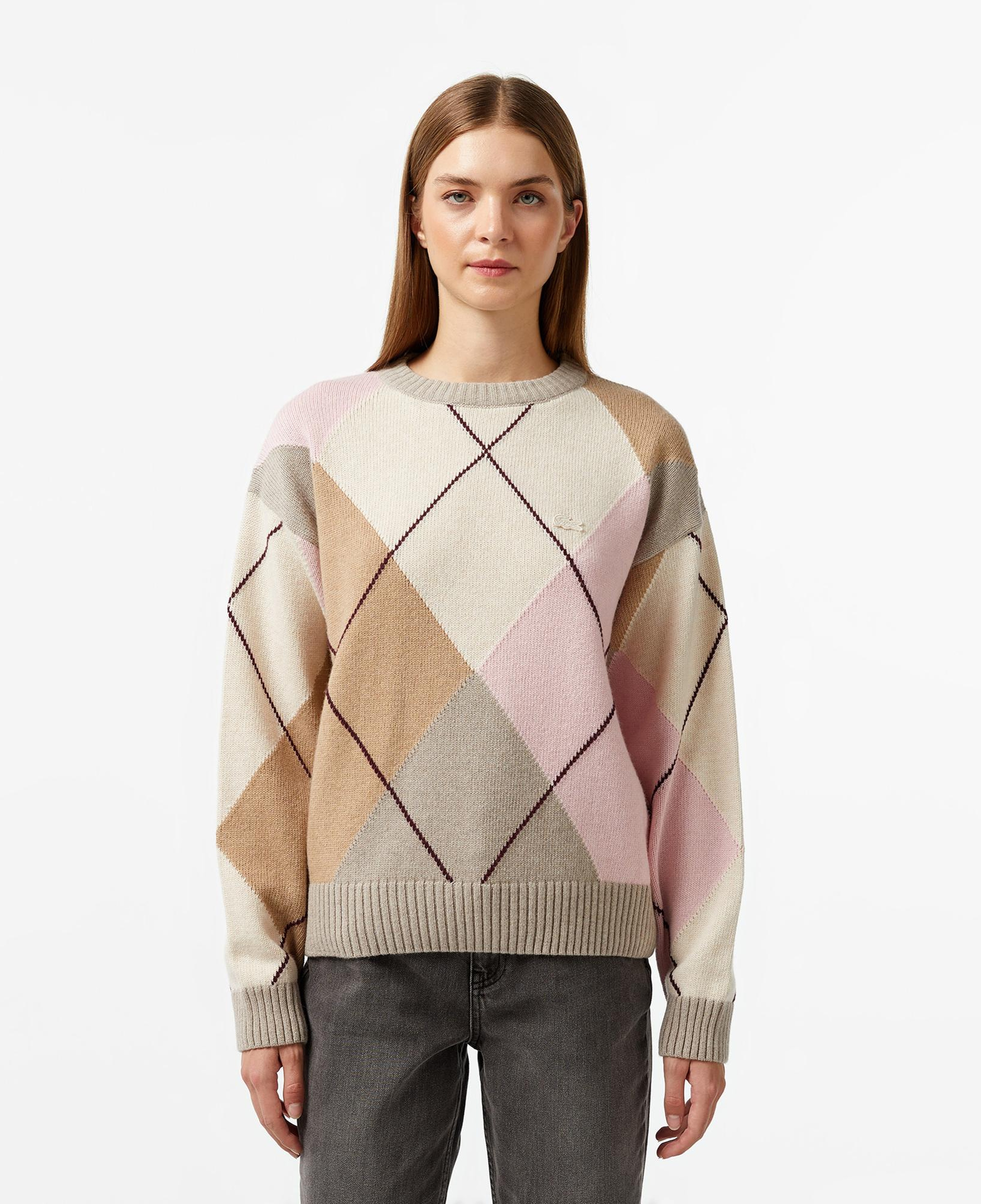 Lacoste Kadın Regular Fit Bisiklet Yaka Renk Bloklu Bej Triko