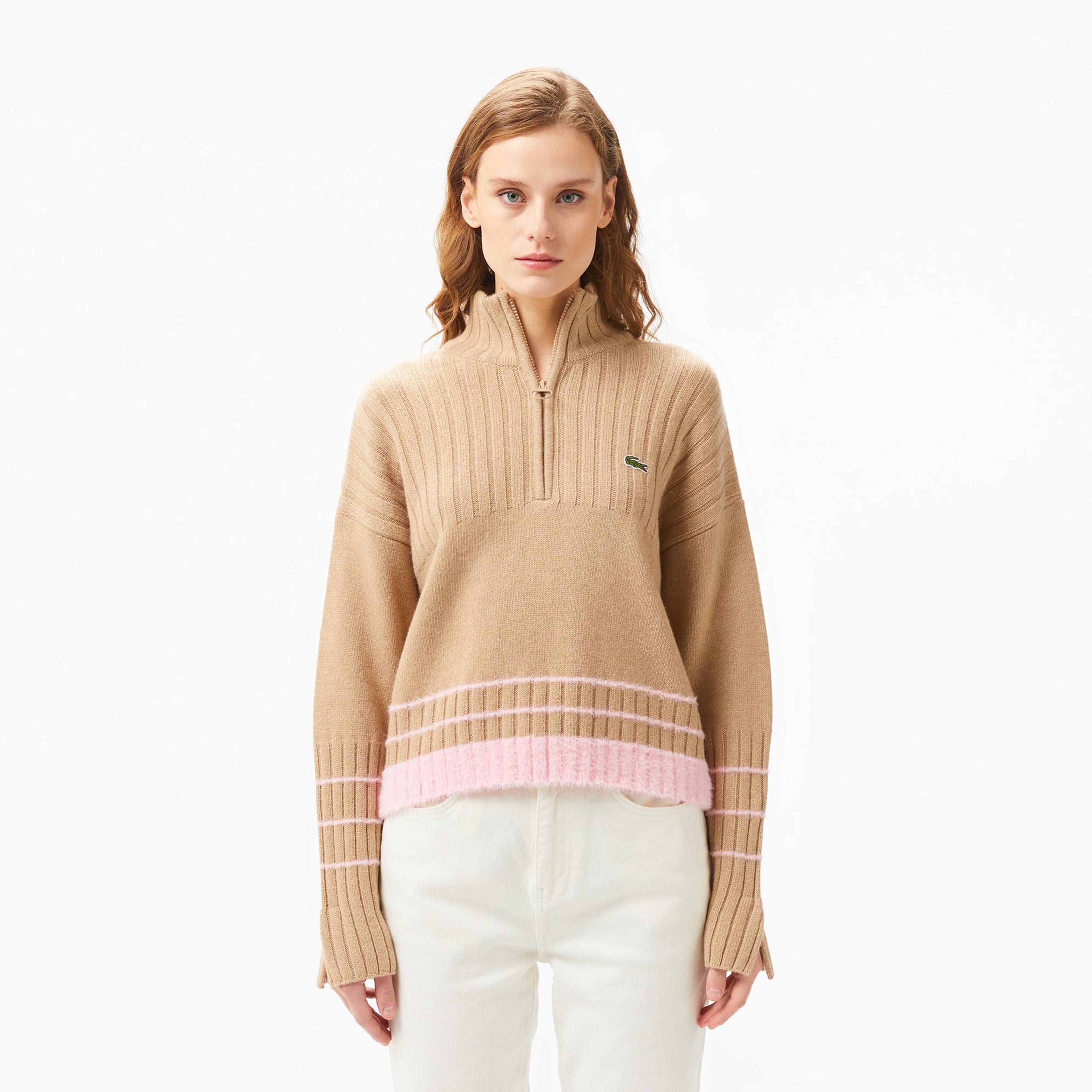 Lacoste Kadın Regular Fit Yarım Fermuarlı Renk Bloklu Bej Kazak
