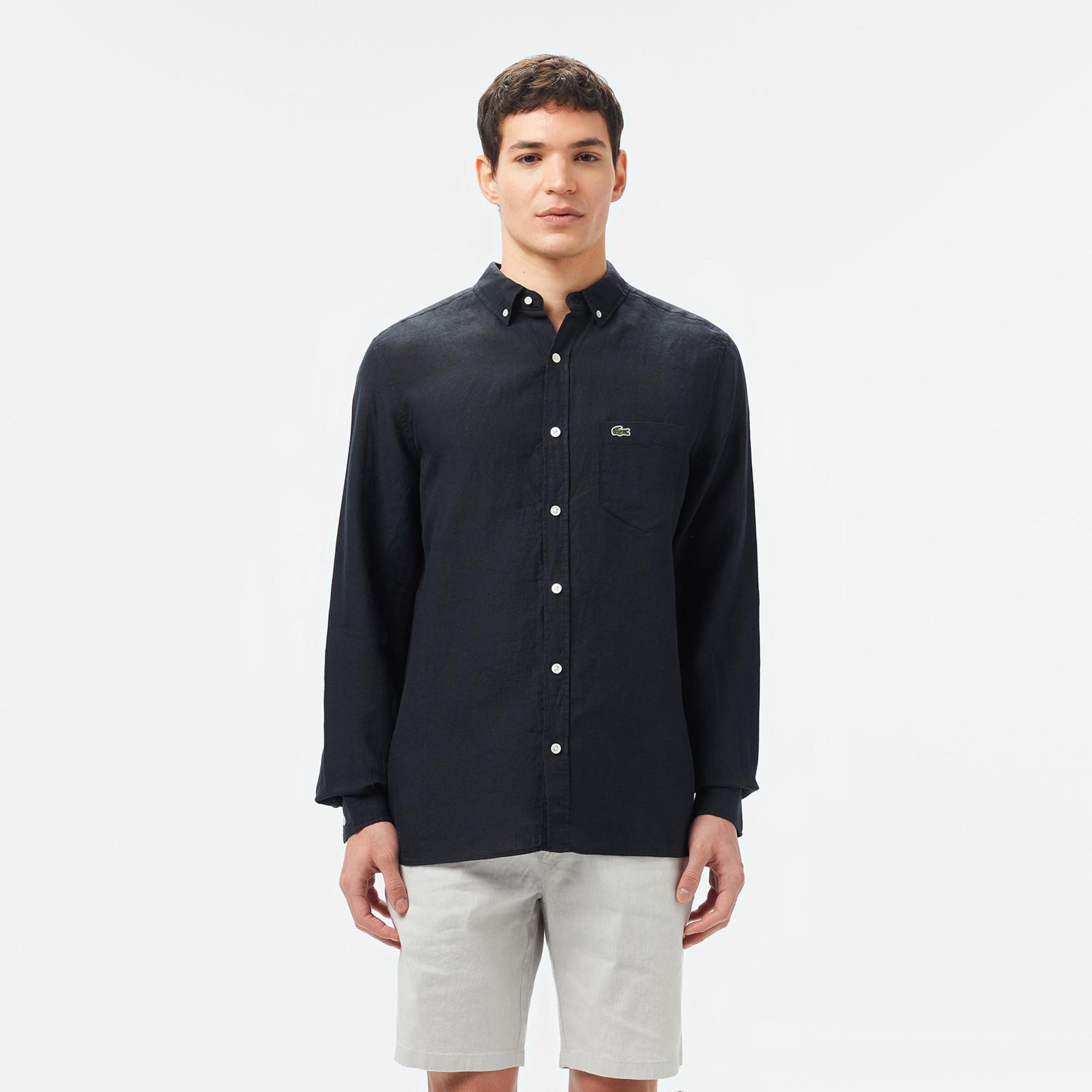 Lacoste Erkek Regular Fit Düğmeli Yaka Keten Siyah Gömlek