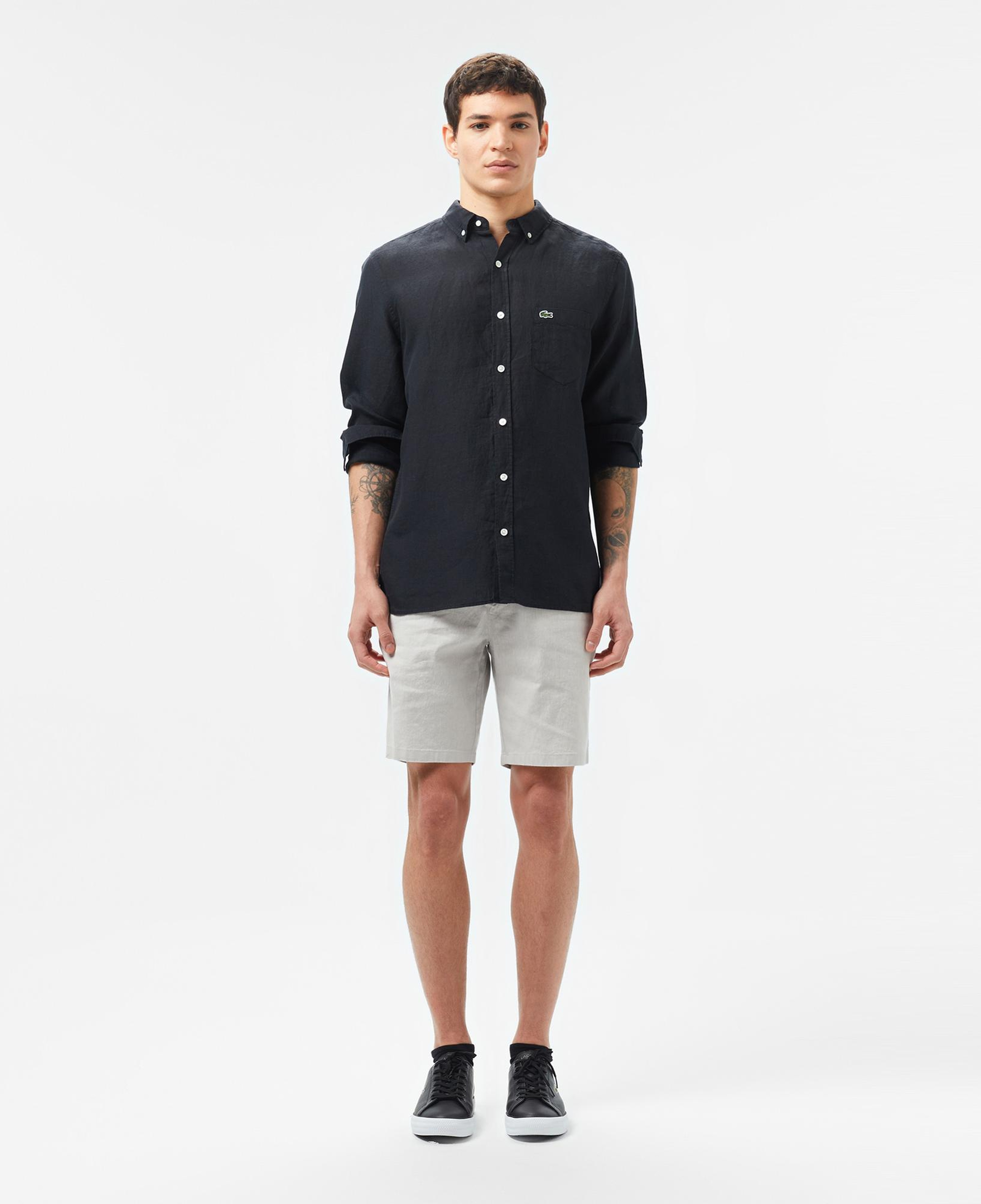 Lacoste Erkek Regular Fit Düğmeli Yaka Keten Siyah Gömlek