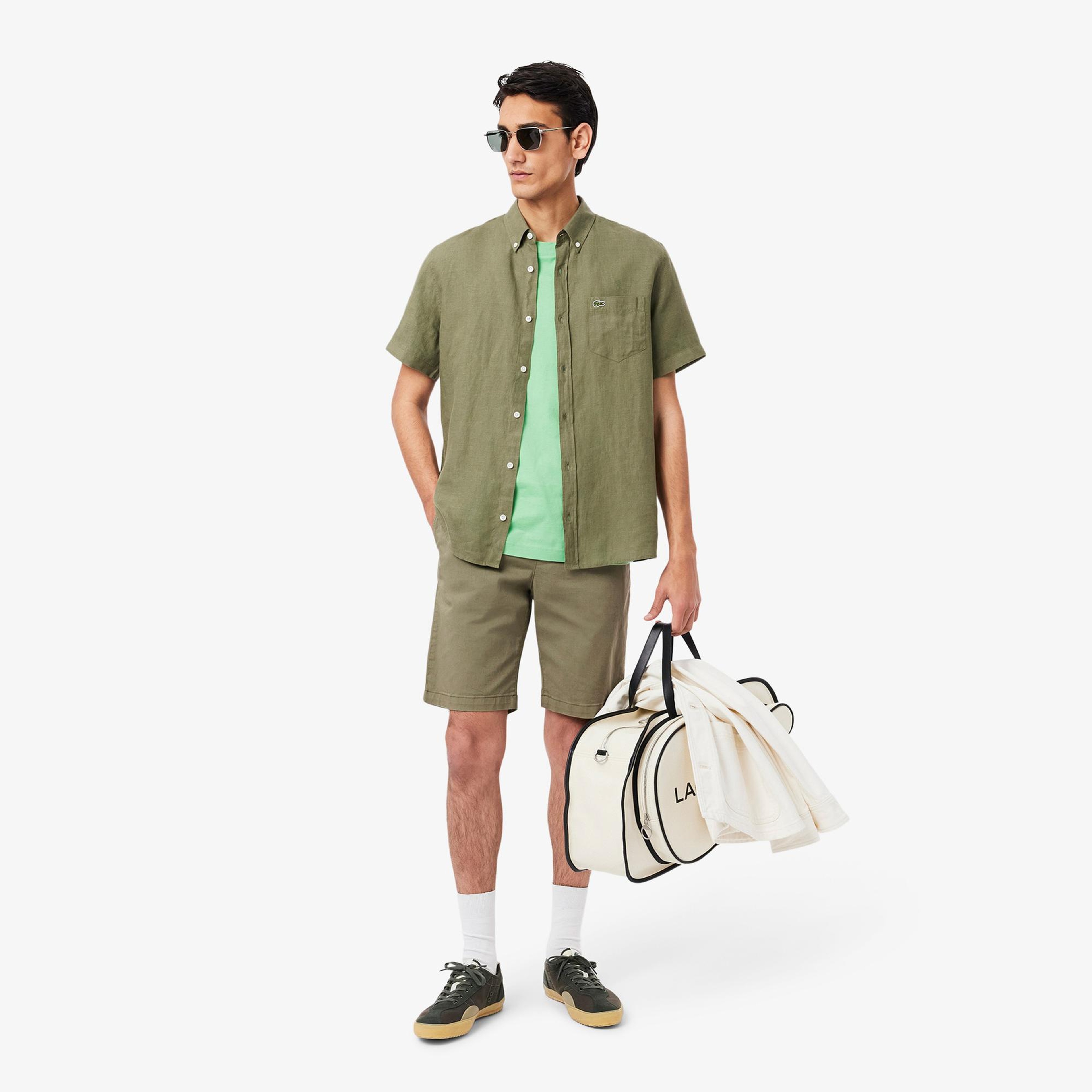 Lacoste Erkek Regular Fit Kısa Kollu Düğmeli Yaka Keten Haki Gömlek