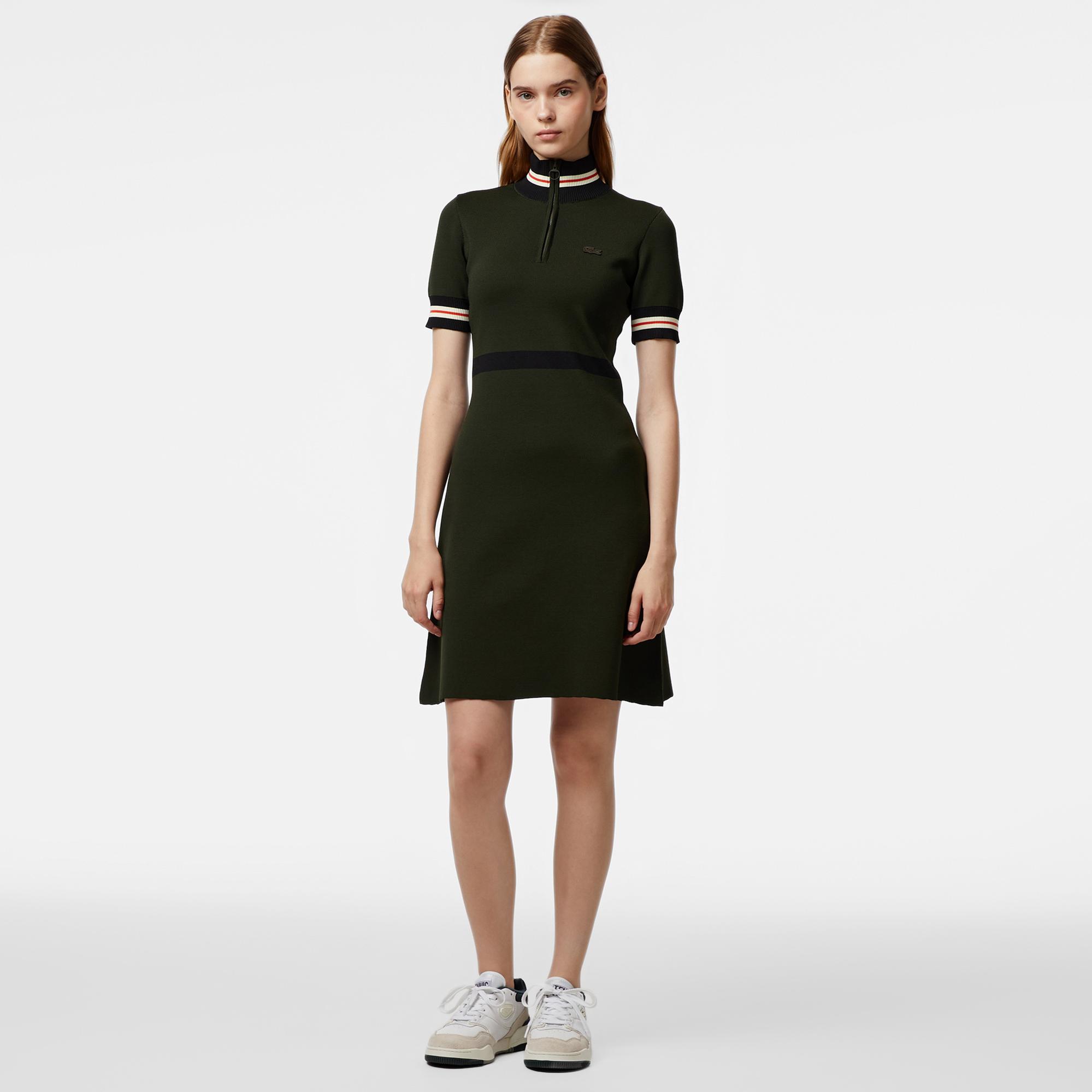 Lacoste Kadın Flare Fit Kısa Kollu Dik Yaka Haki Elbise