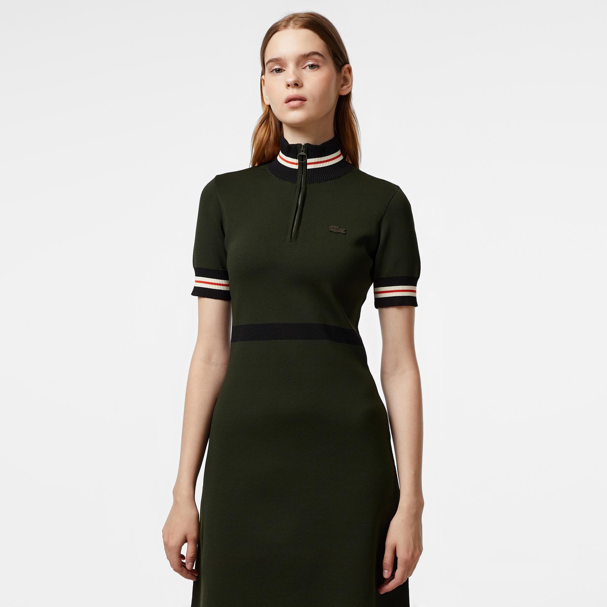 Lacoste Kadın Flare Fit Kısa Kollu Dik Yaka Haki Elbise