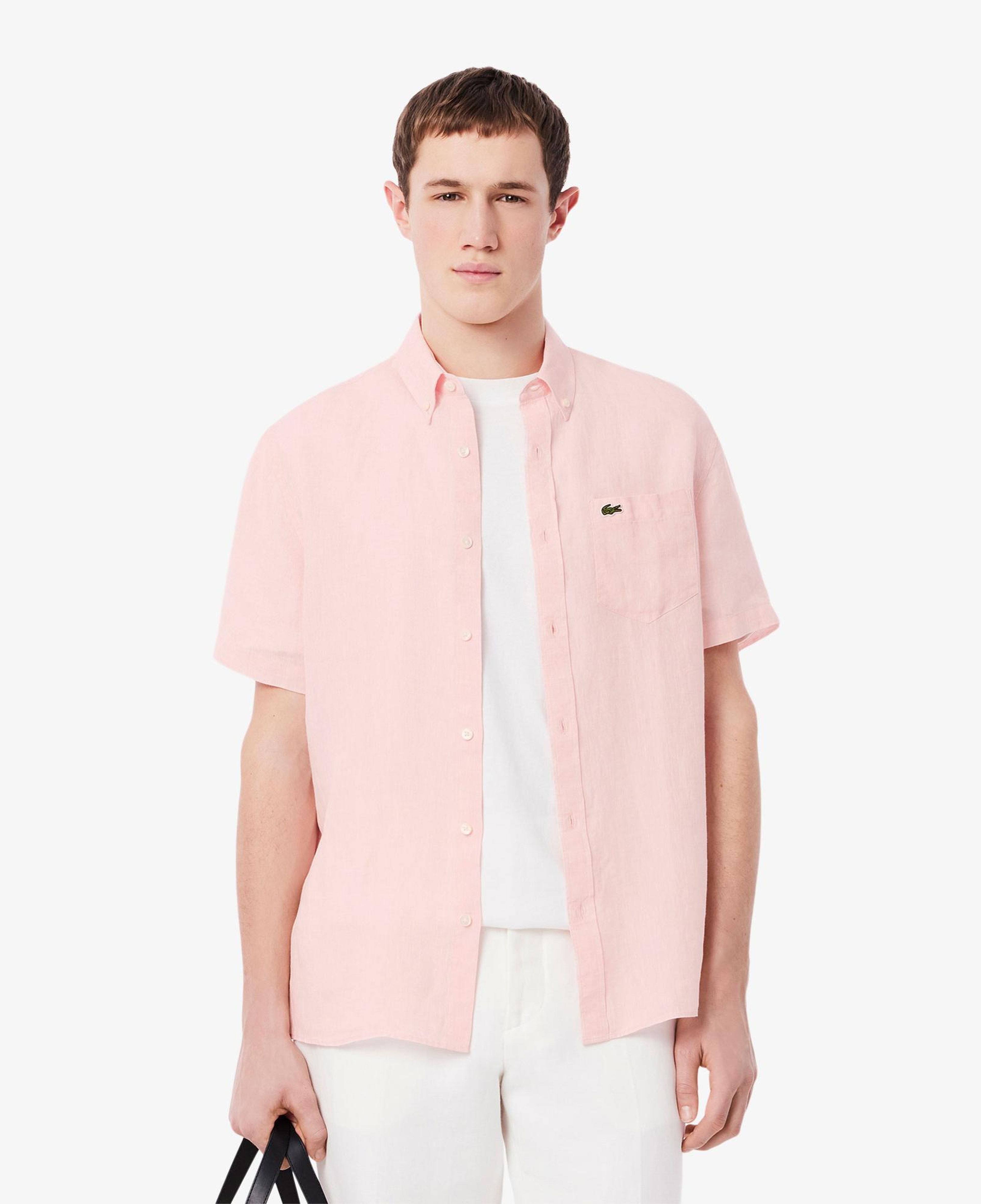 Lacoste Erkek Regular Fit Kısa Kollu Düğmeli Yaka Keten Açık Pembe Gömlek