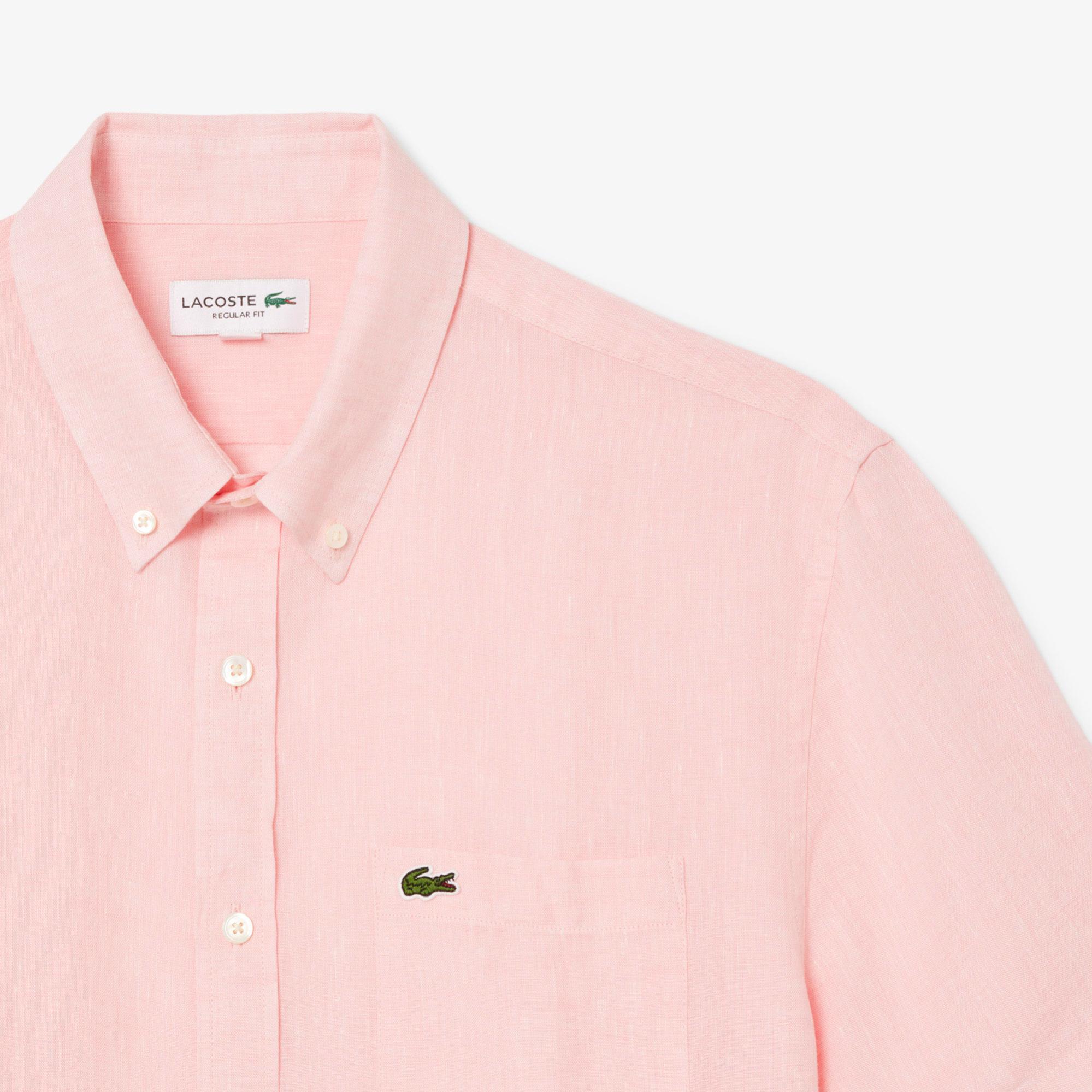 Lacoste Erkek Regular Fit Kısa Kollu Düğmeli Yaka Keten Açık Pembe Gömlek