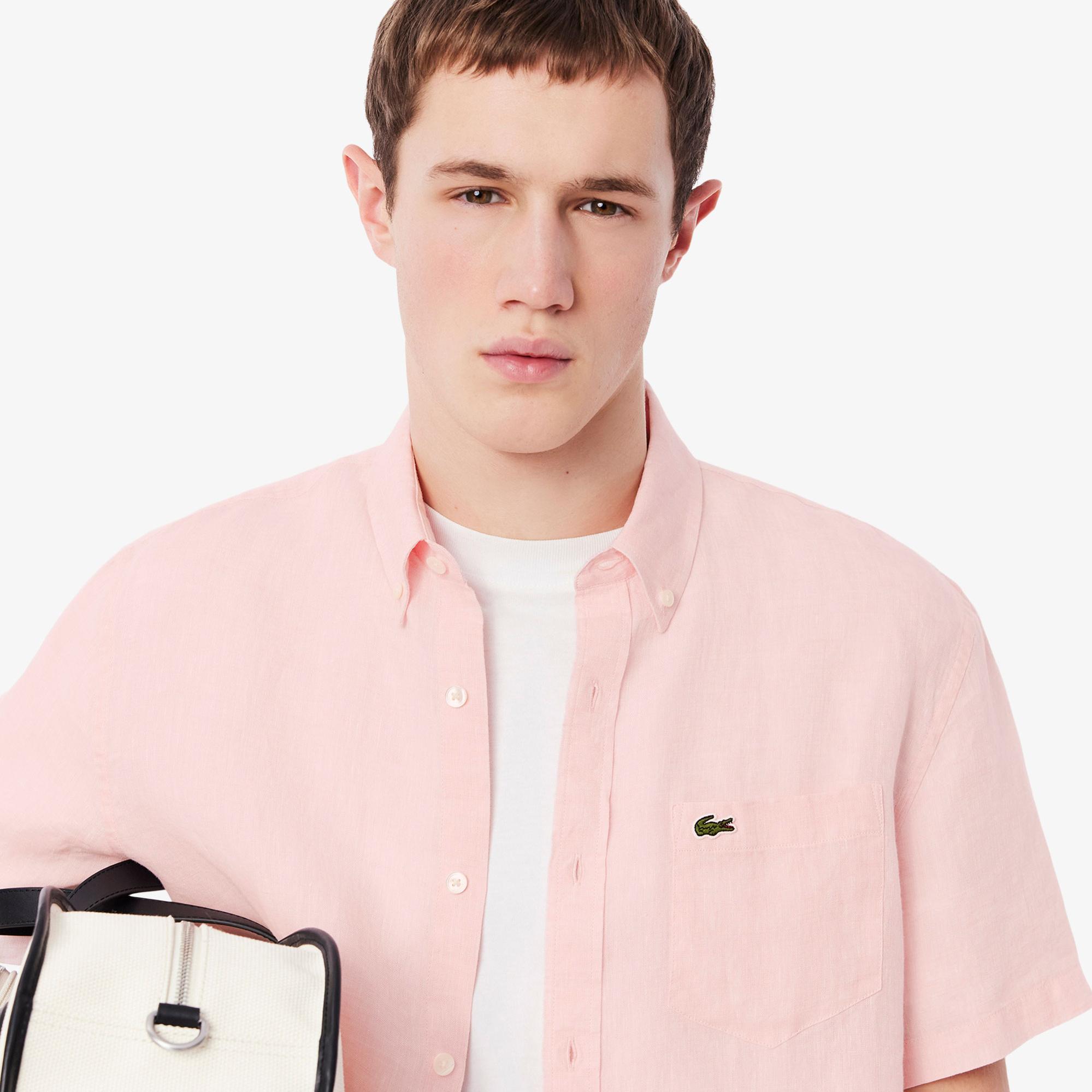 Lacoste Erkek Regular Fit Kısa Kollu Düğmeli Yaka Keten Açık Pembe Gömlek