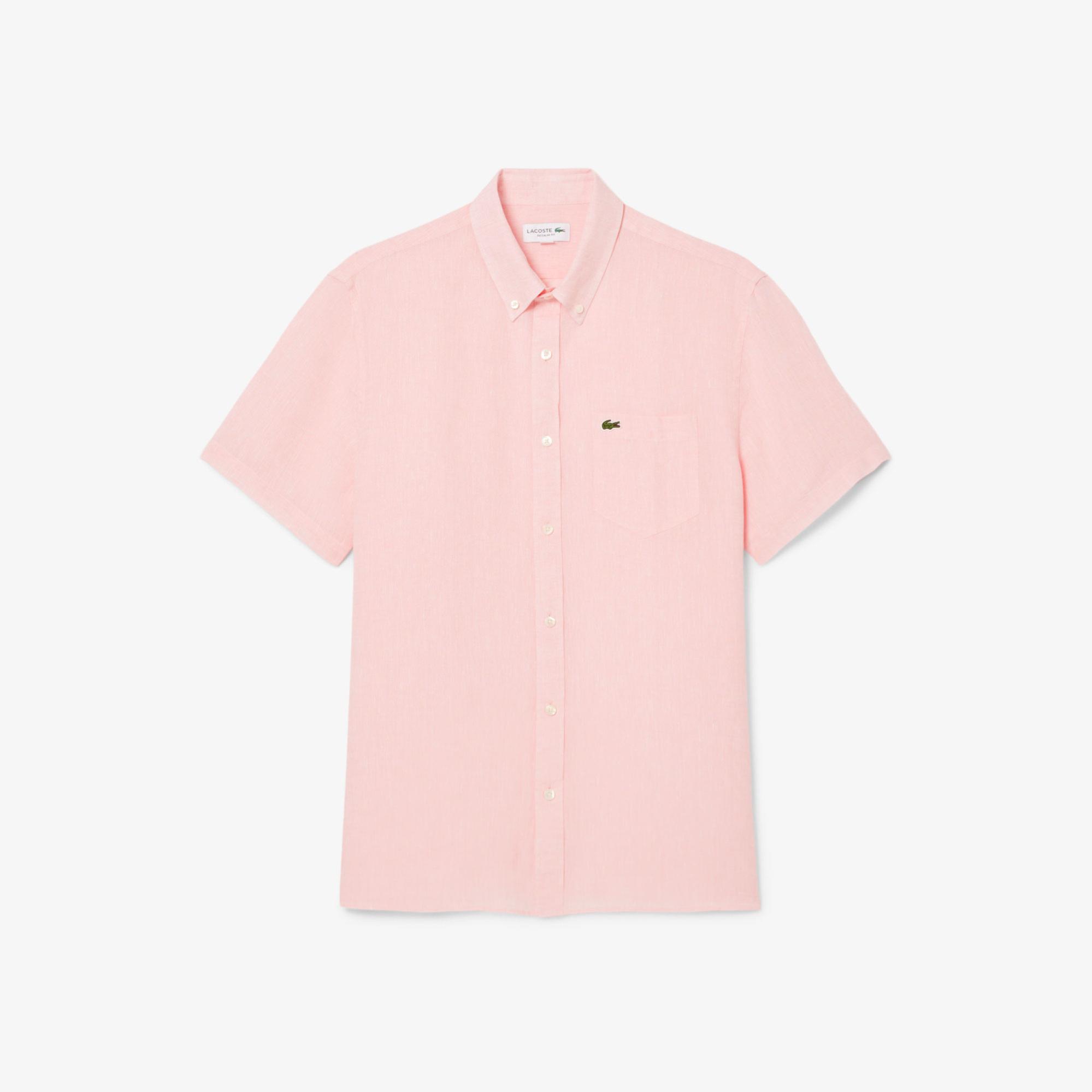 Lacoste Erkek Regular Fit Kısa Kollu Düğmeli Yaka Keten Açık Pembe Gömlek