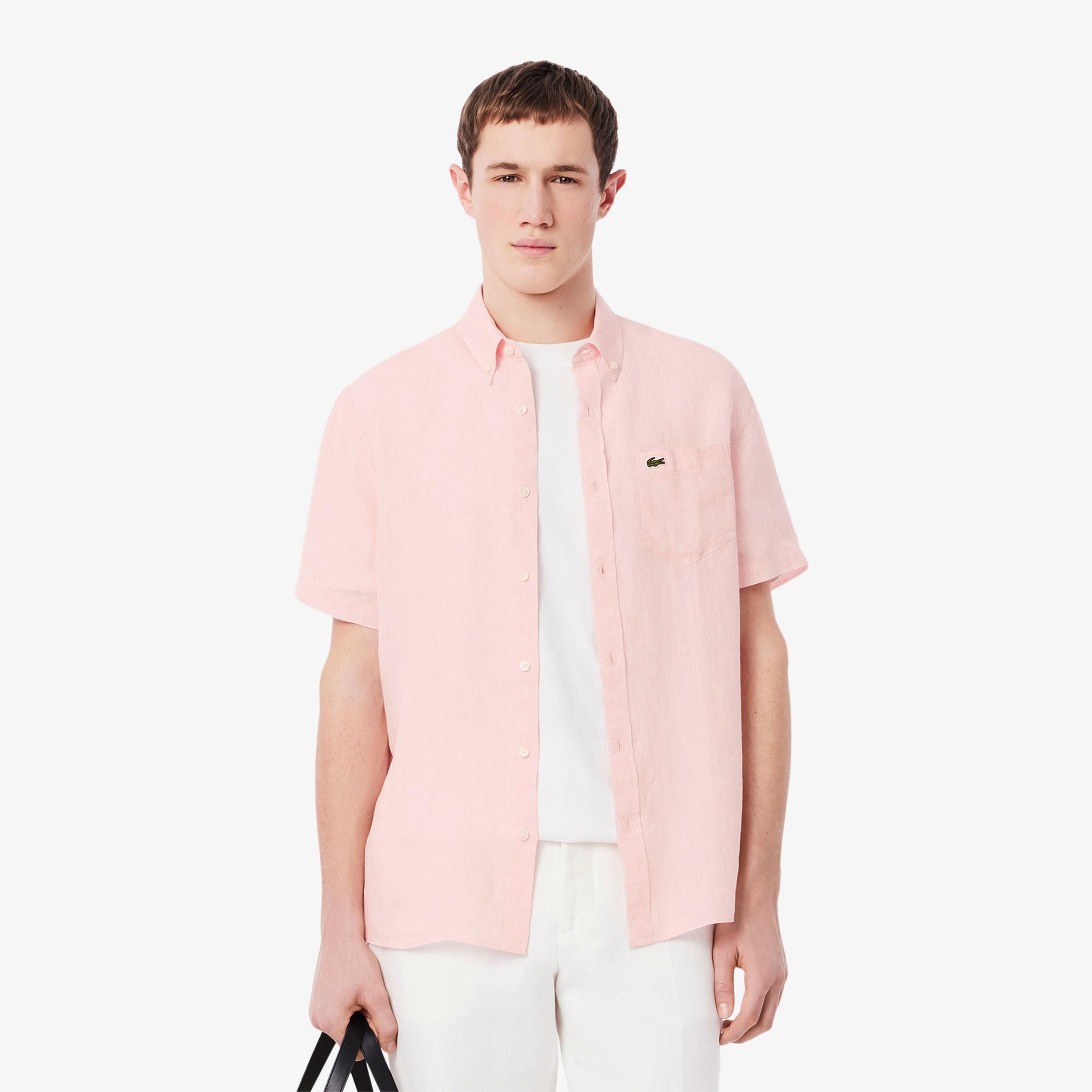 Lacoste Erkek Regular Fit Kısa Kollu Düğmeli Yaka Keten Açık Pembe Gömlek