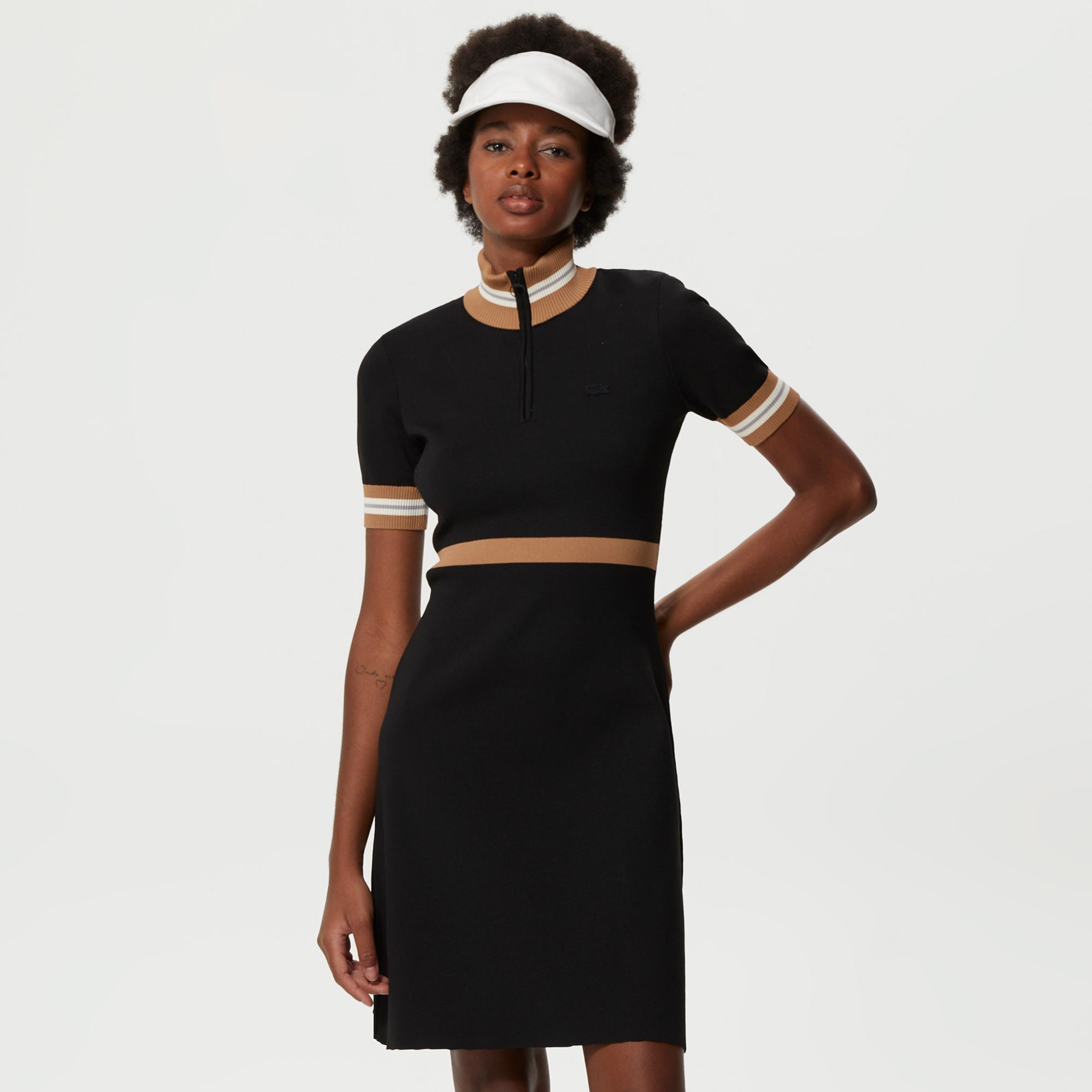 Lacoste Kadın Flare Fit Kısa Kollu Dik Yaka Siyah Elbise