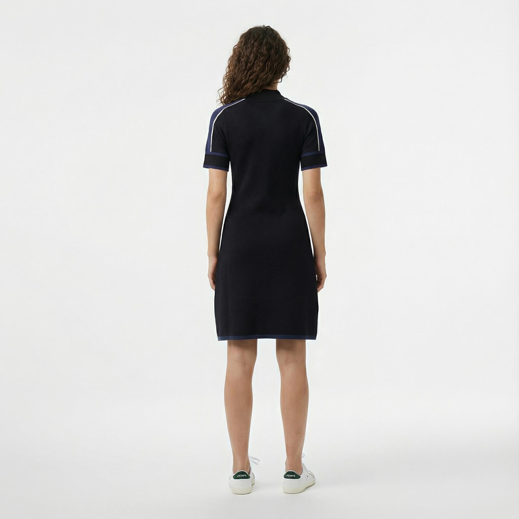 Lacoste Kadın Classic Fit Kısa Kollu Yarım Fermuarlı Renk Bloklu Siyah Elbise