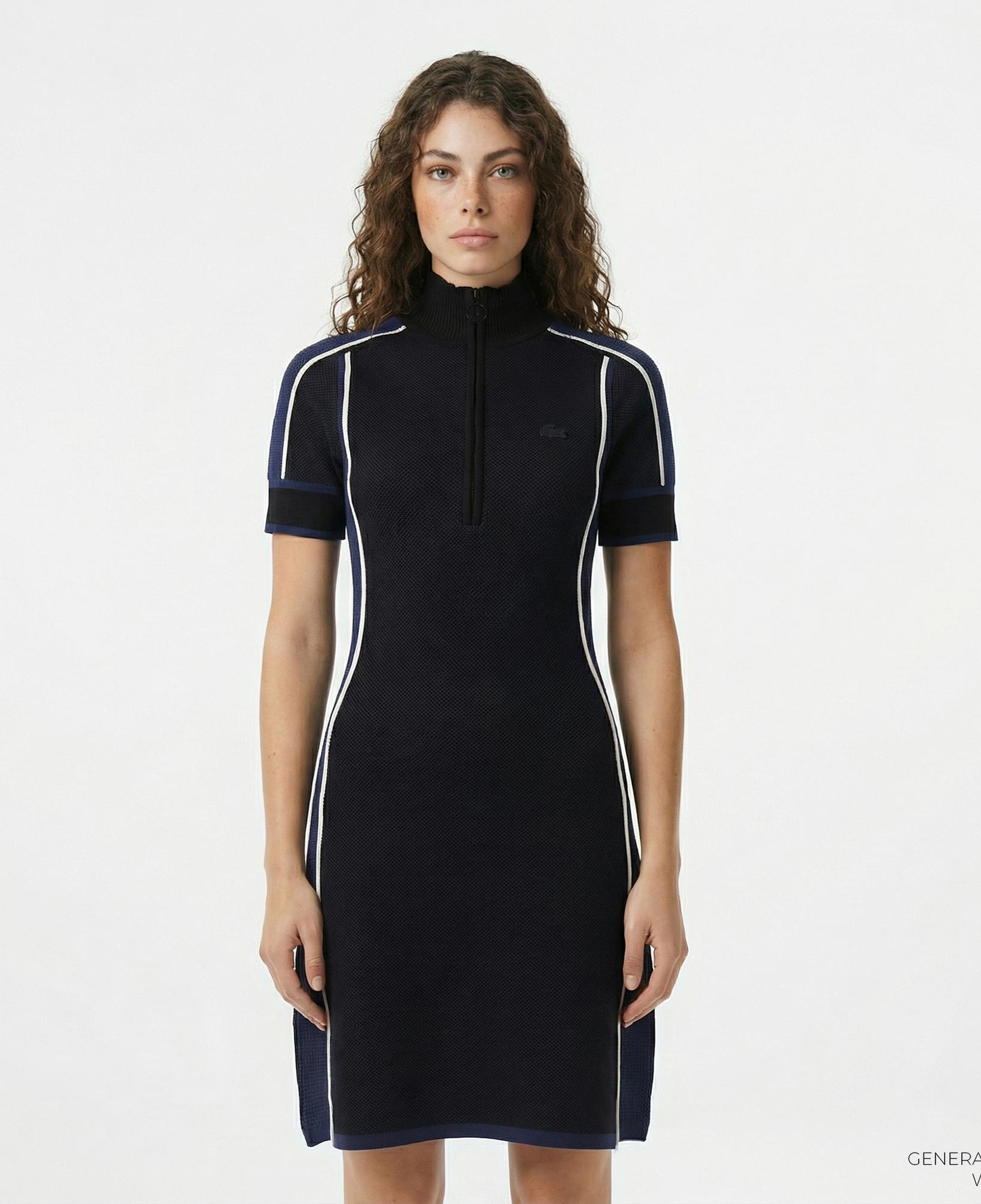 Lacoste Kadın Classic Fit Kısa Kollu Yarım Fermuarlı Renk Bloklu Siyah Elbise
