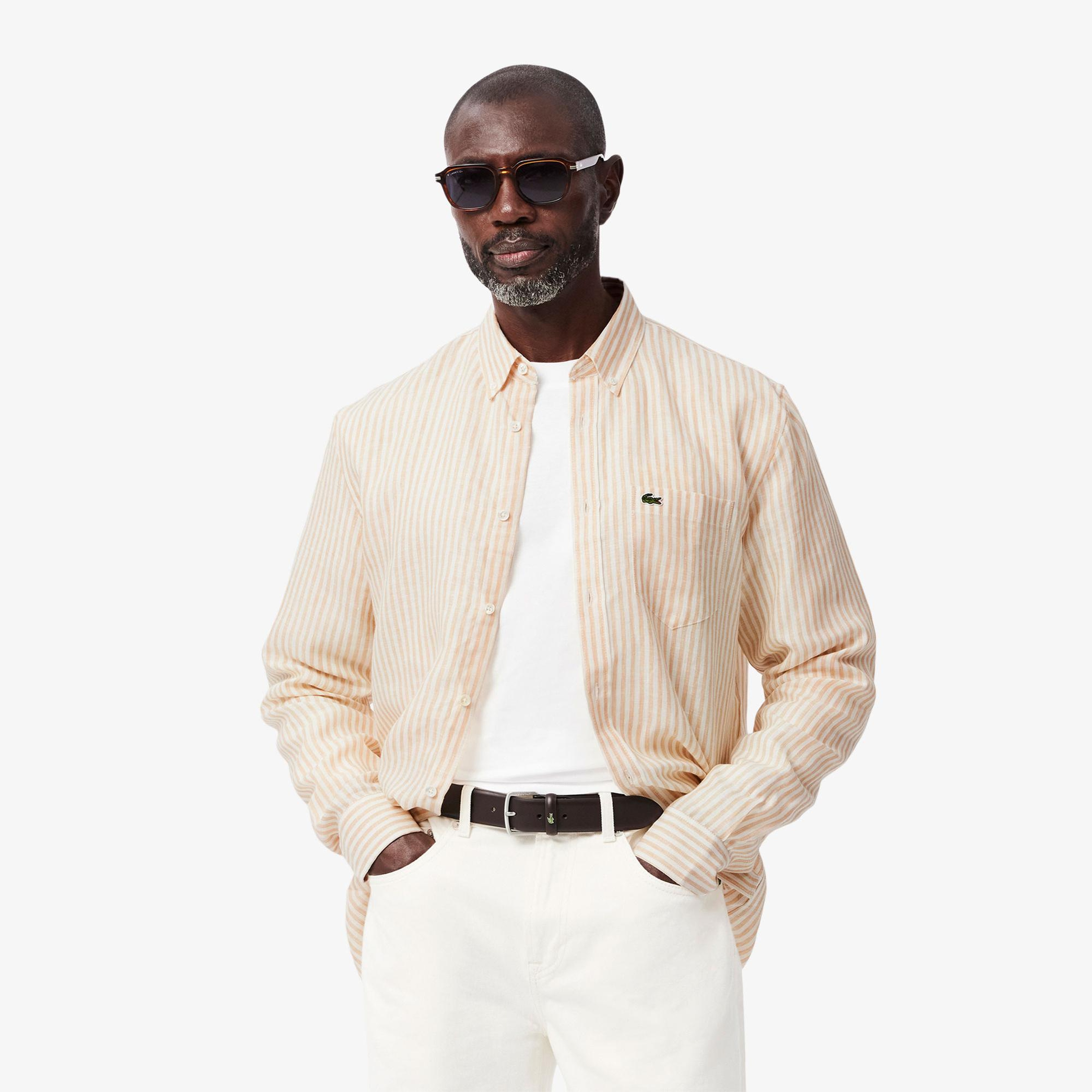 Lacoste Erkek Regular Fit Düğmeli Yaka Çizgili Keten Sarı Gömlek