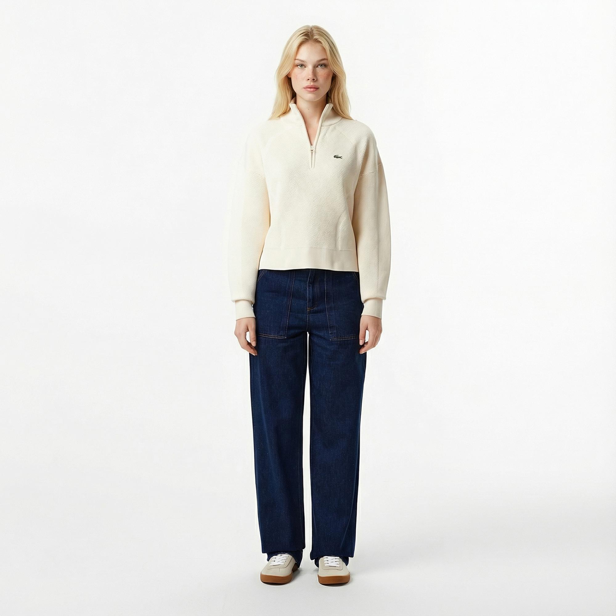 Lacoste Kadın Relaxed Fit Yarım Fermuarlı Krem Kazak