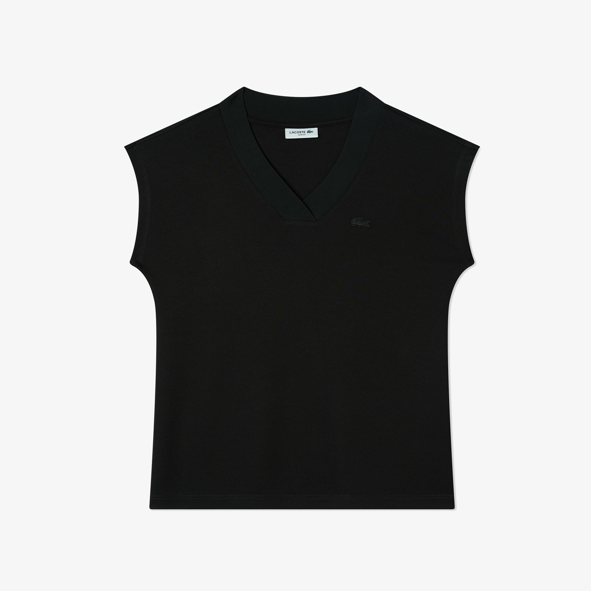 Lacoste Kadın Slim Fit V Yaka Siyah T-Shirt