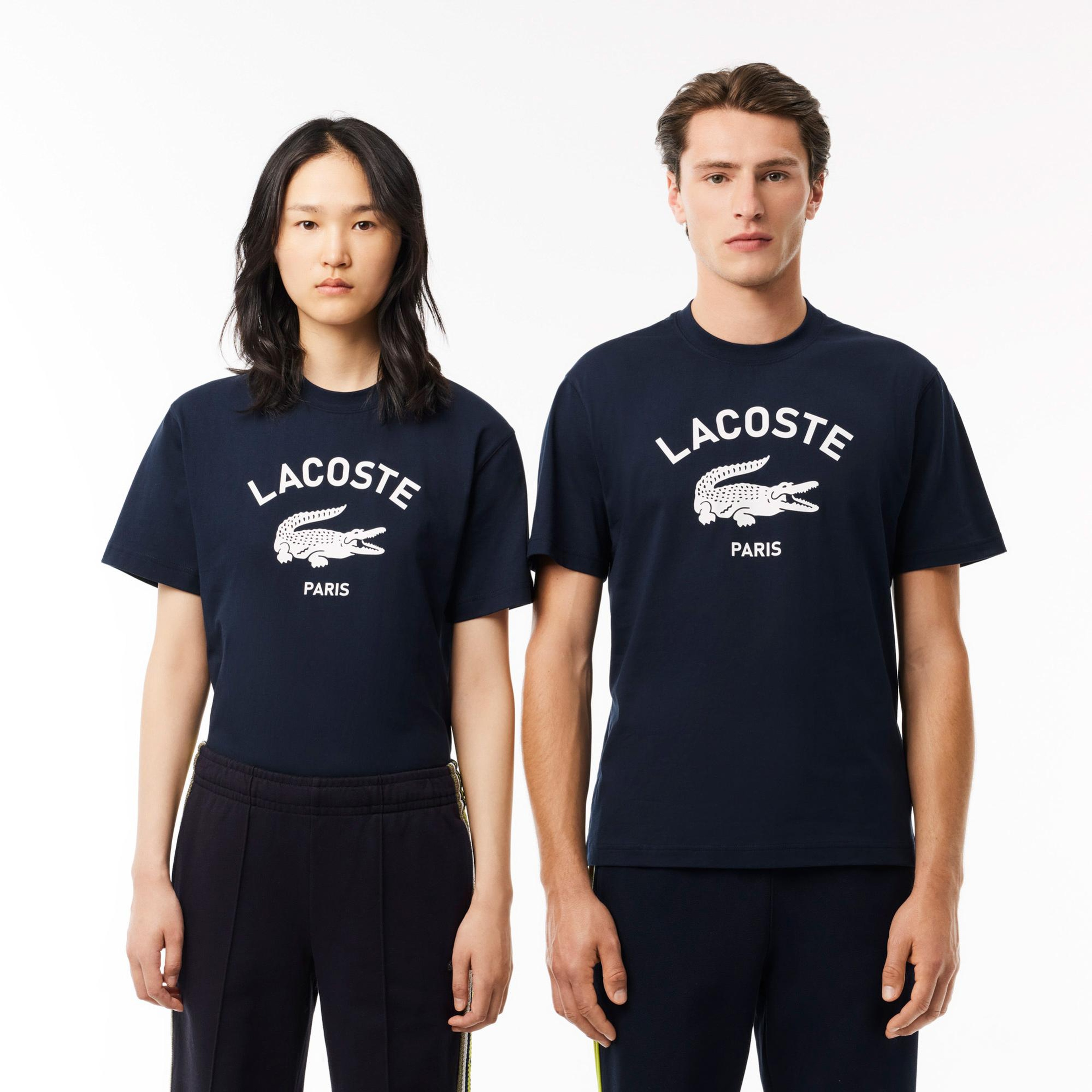 Lacoste Unisex Bisiklet Yaka Baskılı Lacivert T-Shirt