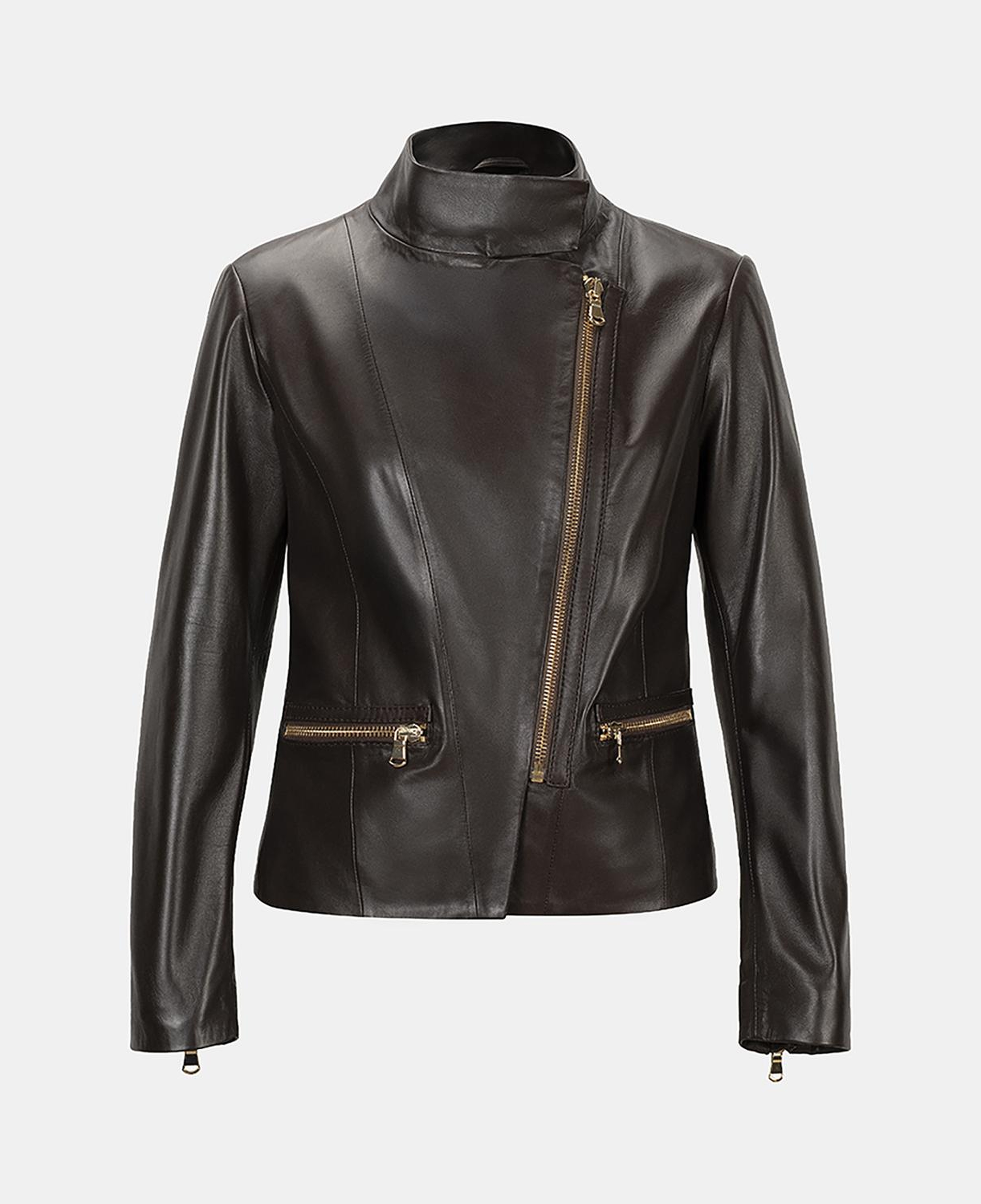 Kadın Kahve Hakim Yakalı Fit Deri Ceket