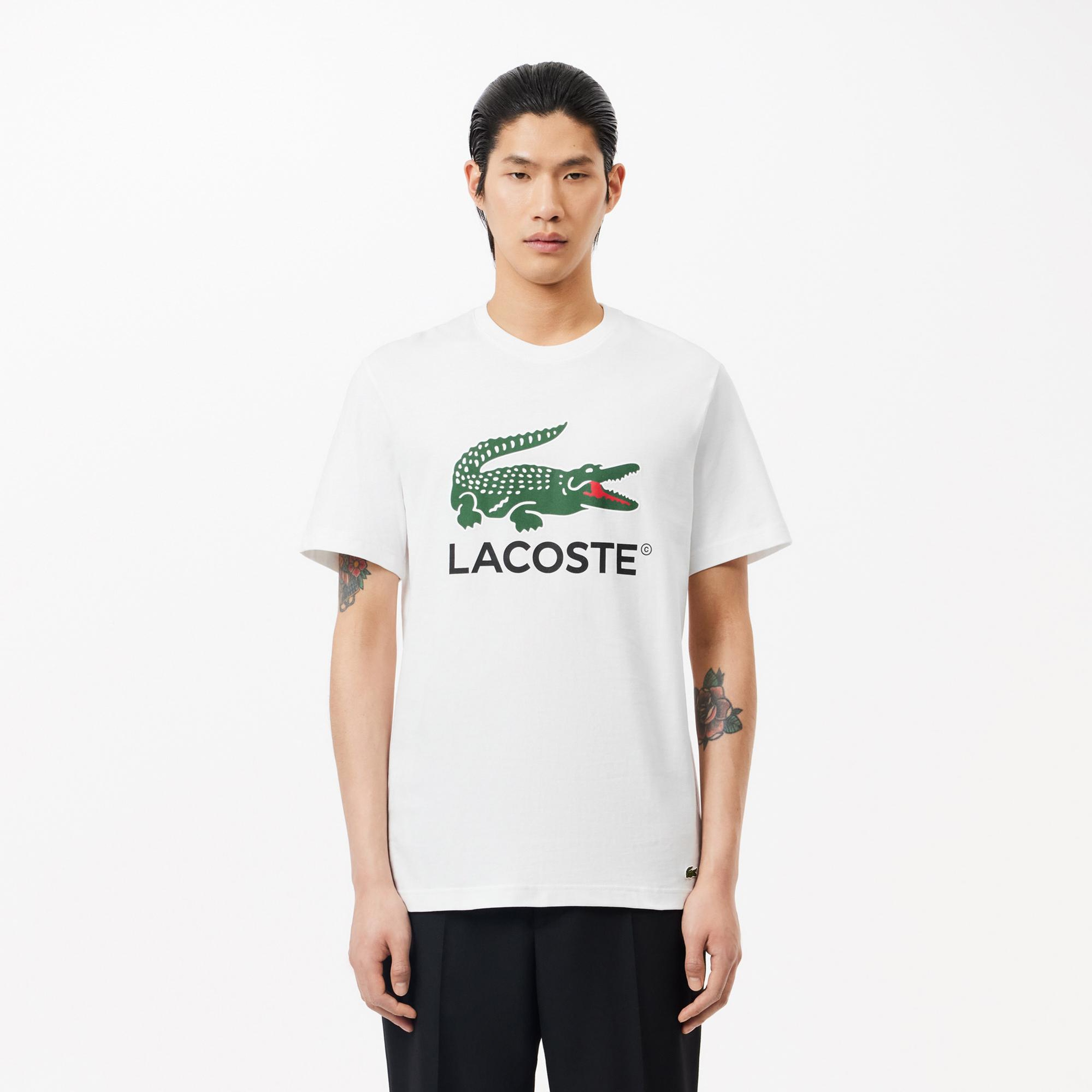 Lacoste Erkek Regular Fit Bisiklet Yaka Baskılı Beyaz T-Shirt