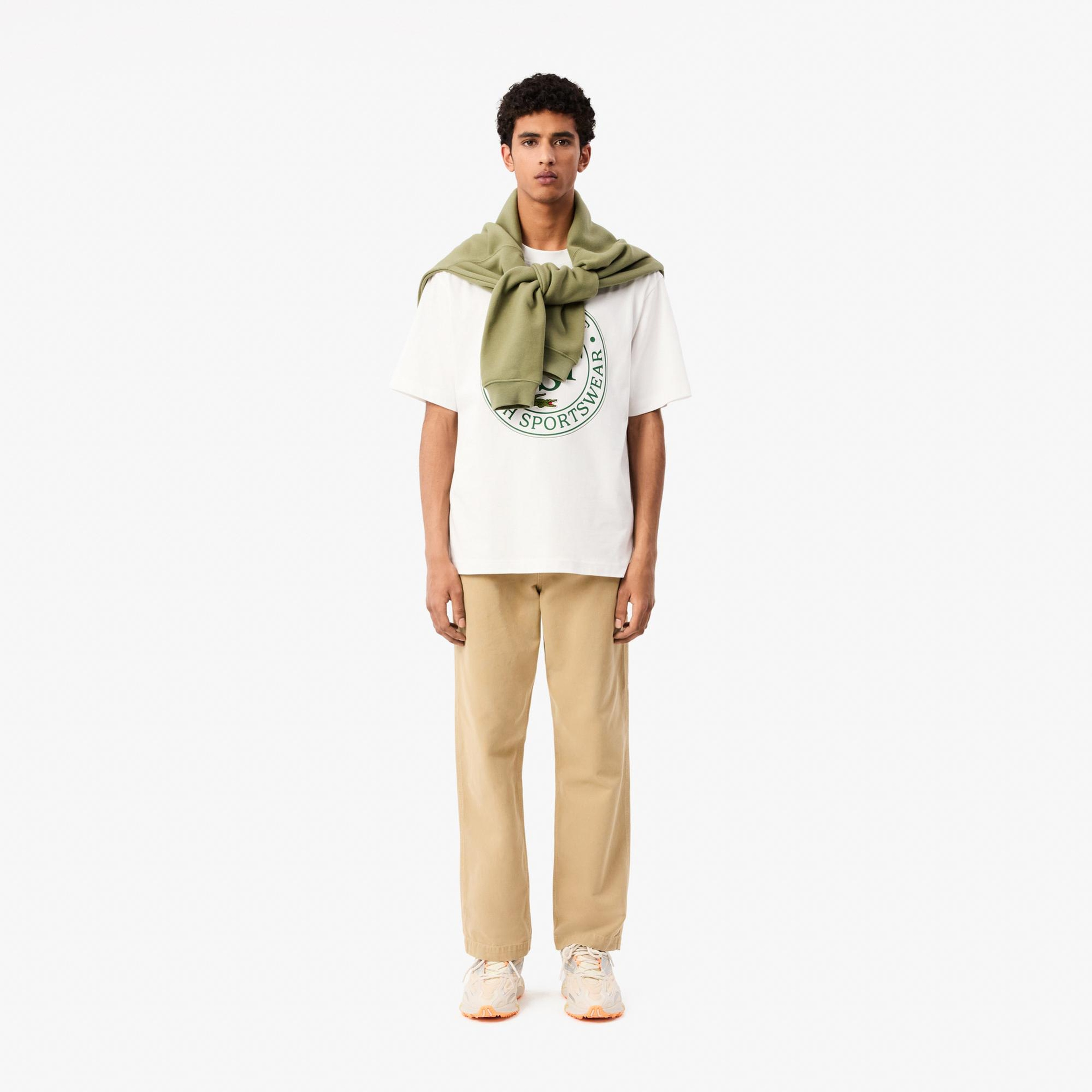 Lacoste Erkek Loose Fit Bisiklet Yaka Baskılı Beyaz T-Shirt