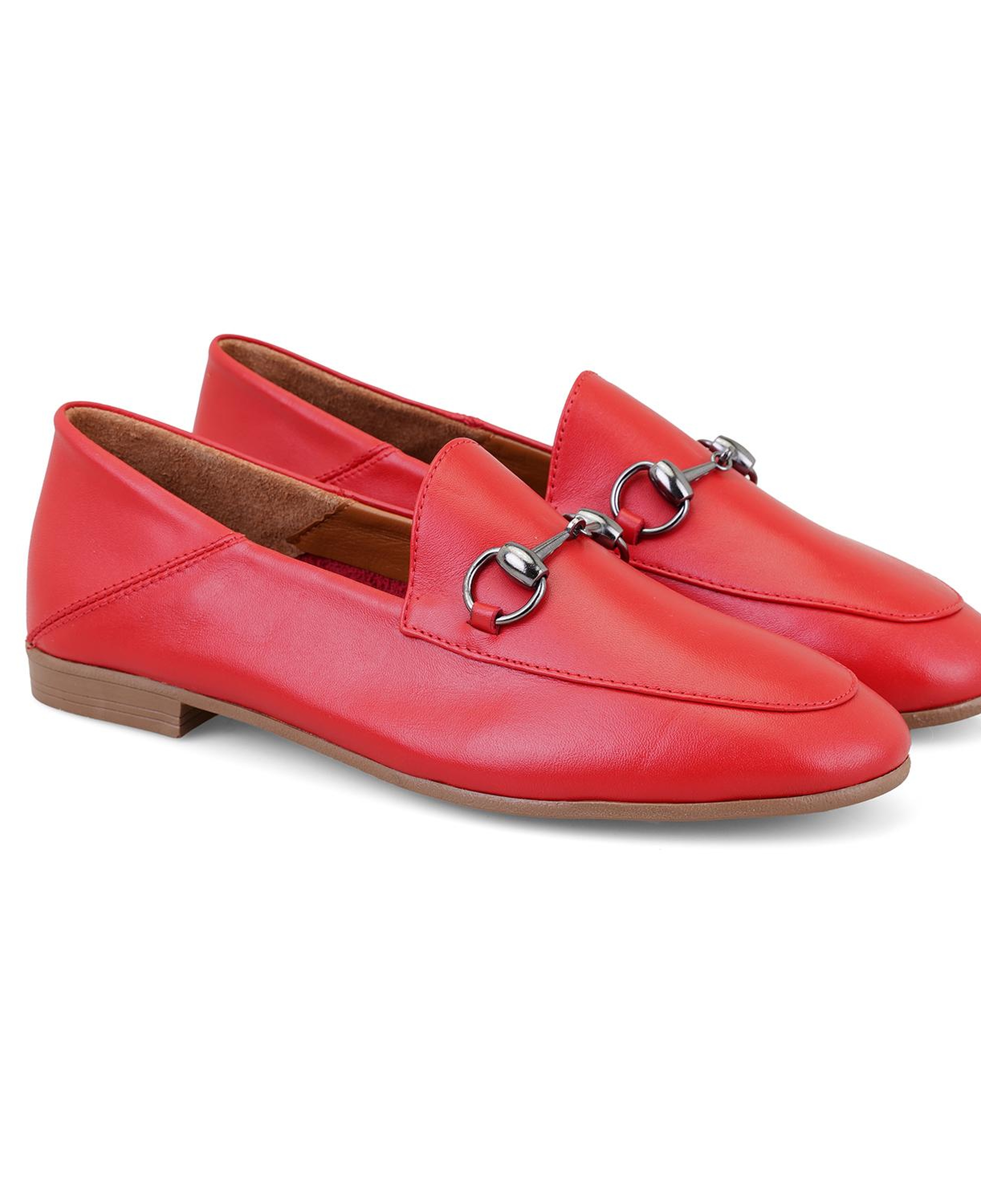 Kadın Kırmızı Toka Aksesuarlı Deri Babet