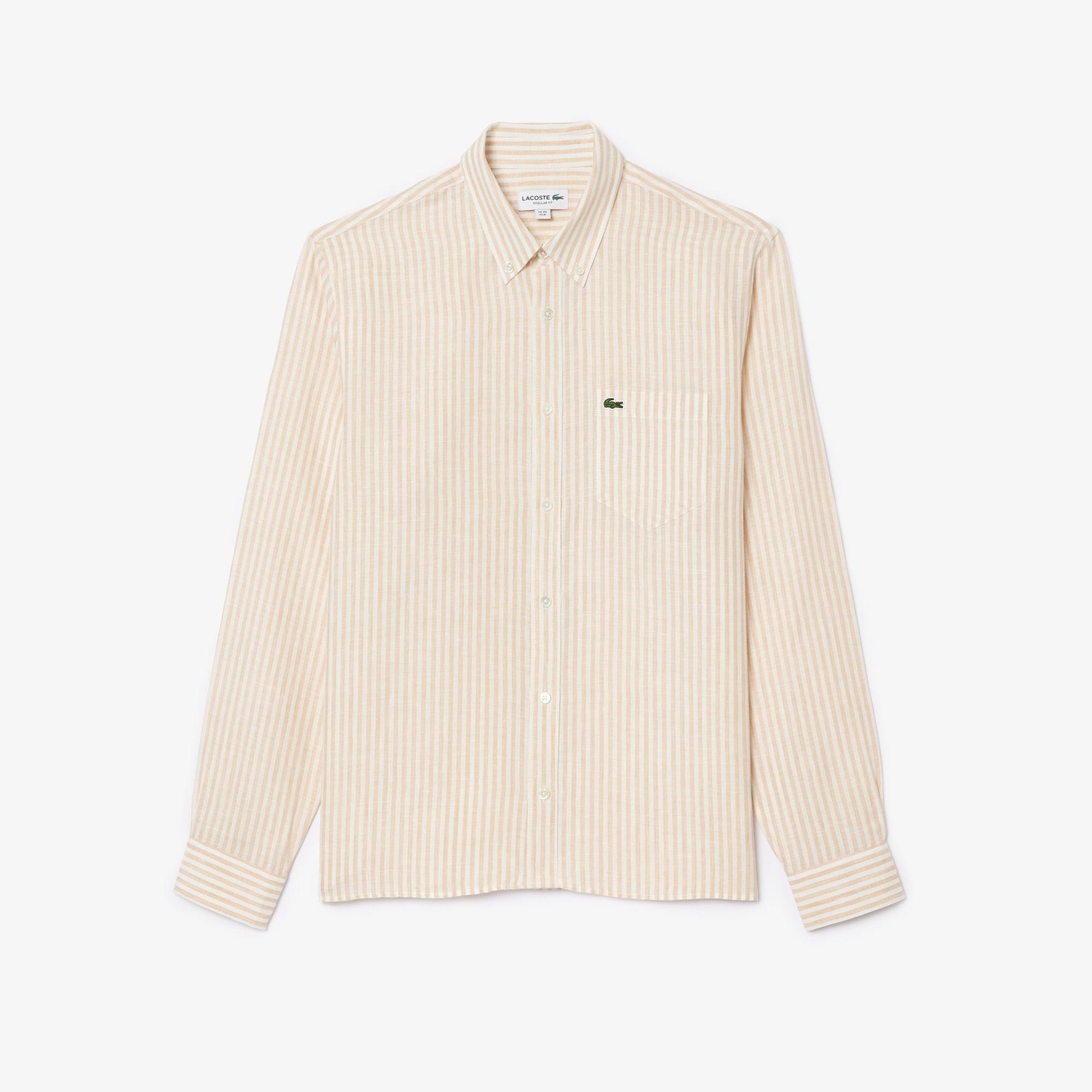 Lacoste Erkek Regular Fit Düğmeli Yaka Çizgili Keten Sarı Gömlek