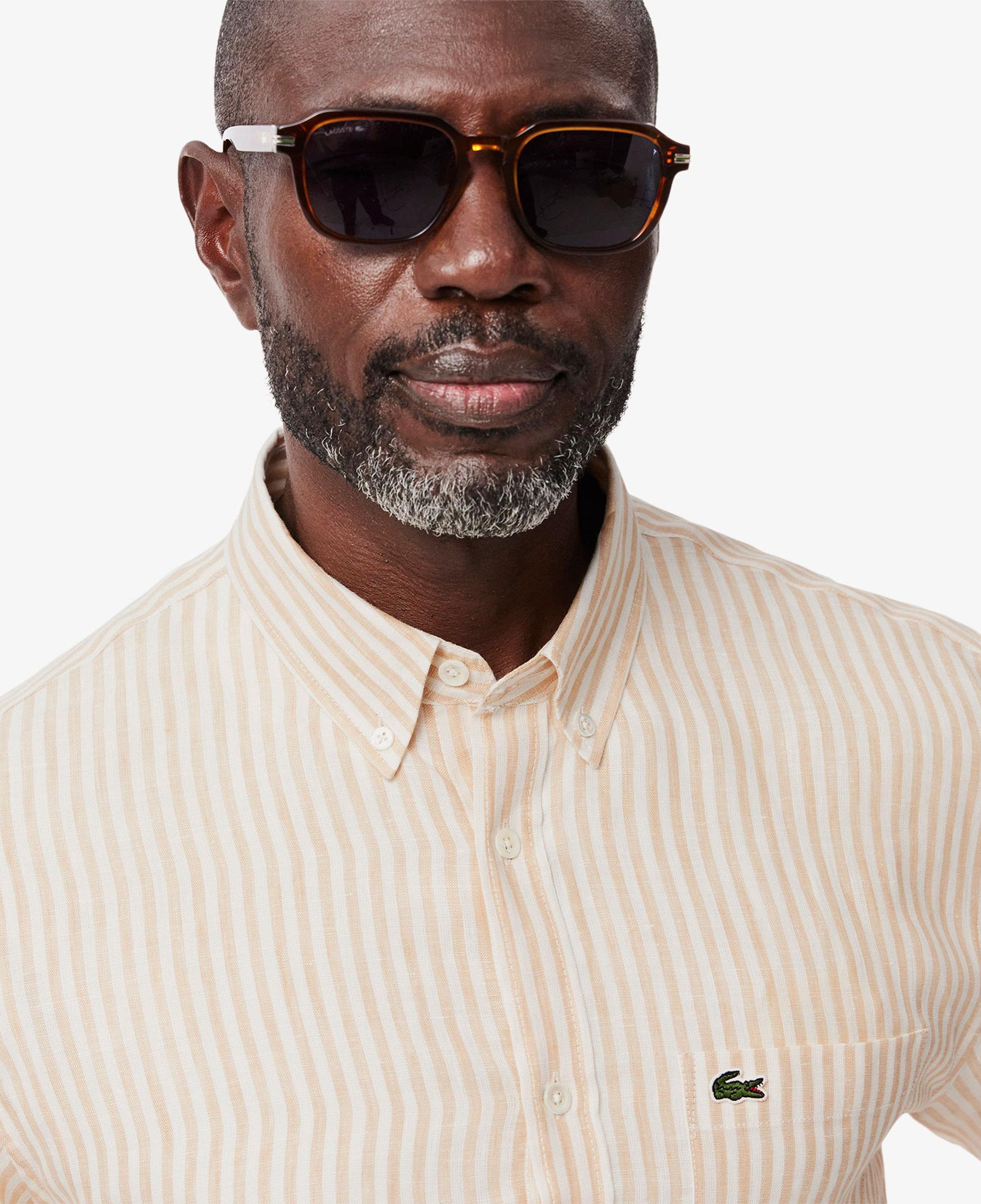 Lacoste Erkek Regular Fit Düğmeli Yaka Çizgili Keten Sarı Gömlek