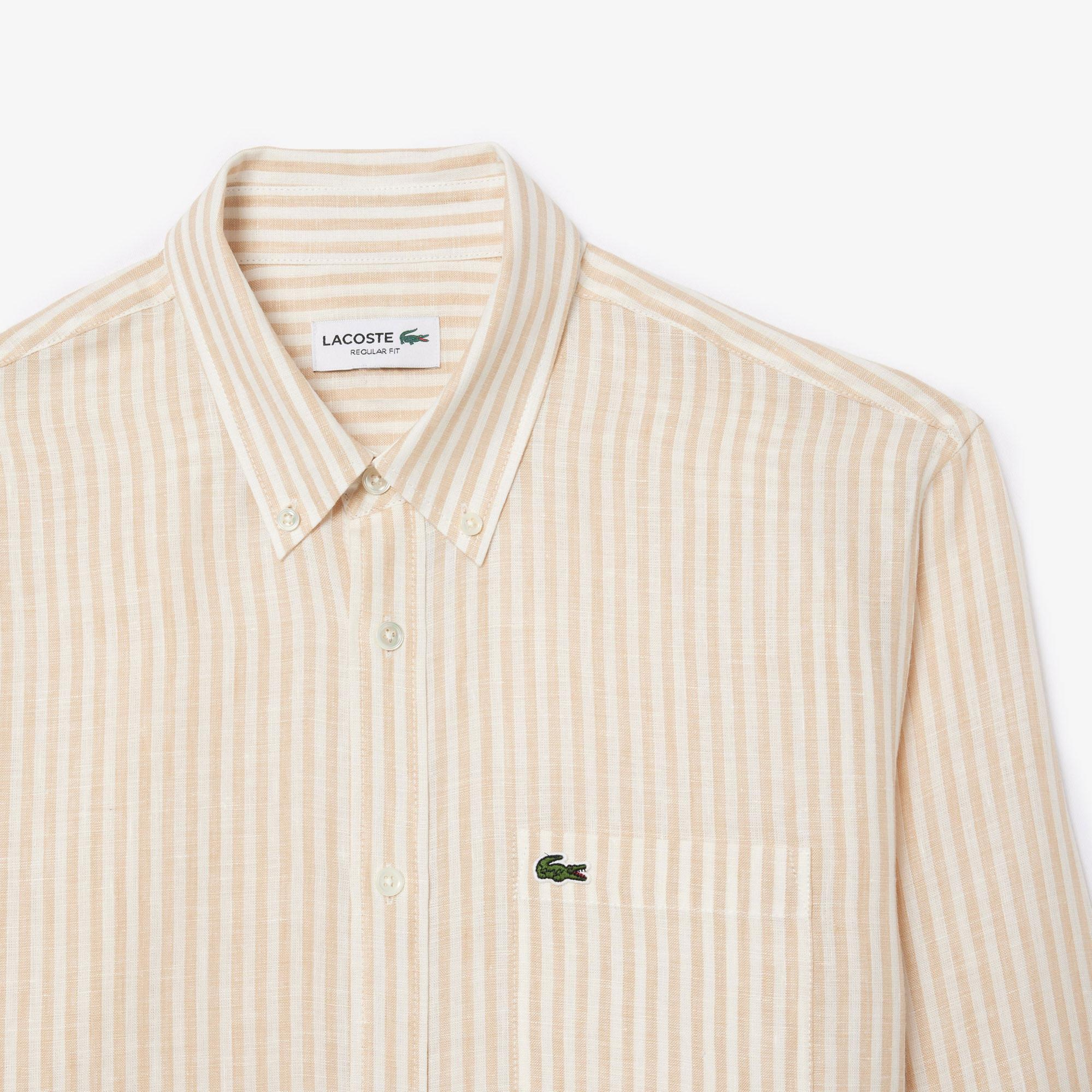 Lacoste Erkek Regular Fit Düğmeli Yaka Çizgili Keten Sarı Gömlek