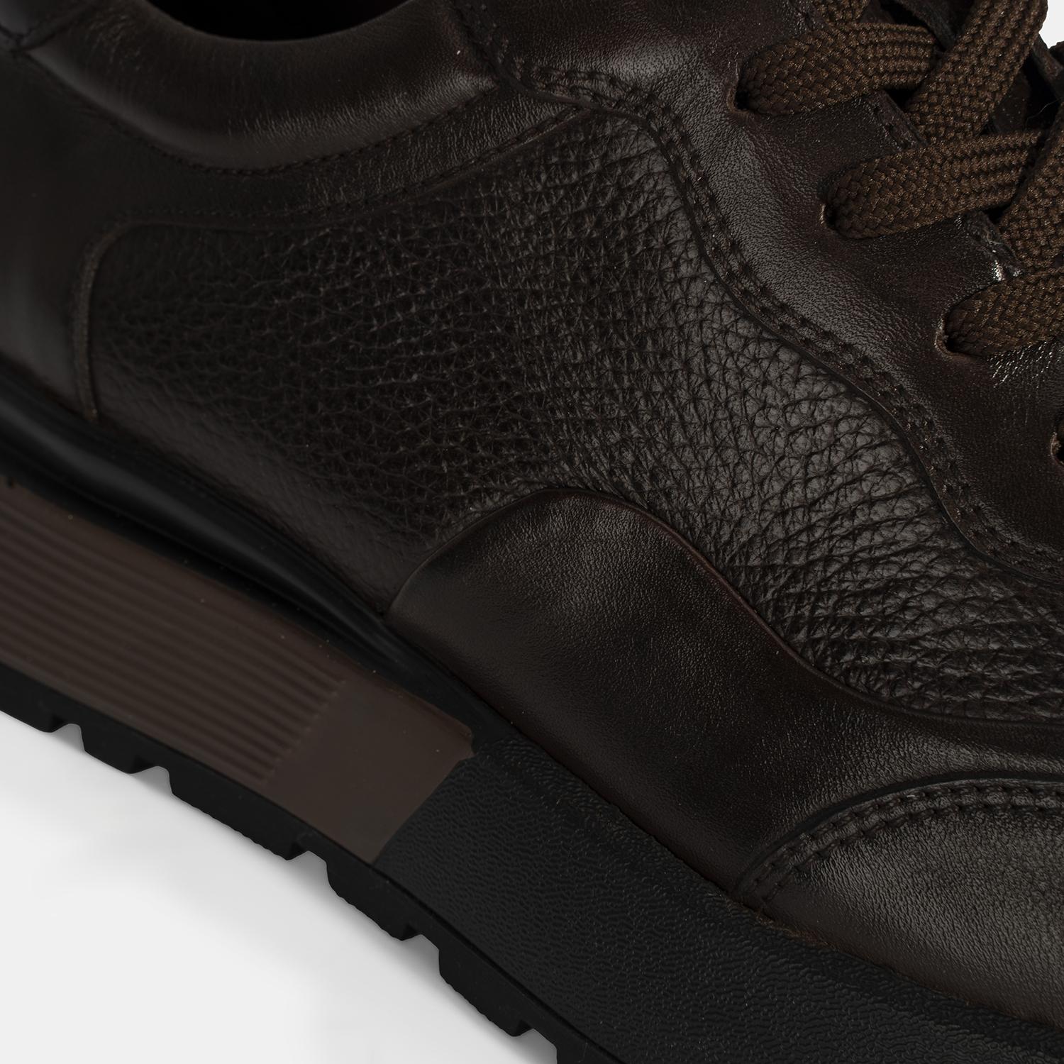 Erkek Kahve Bağcıklı Kalın Tabanlı Deri Sneaker
