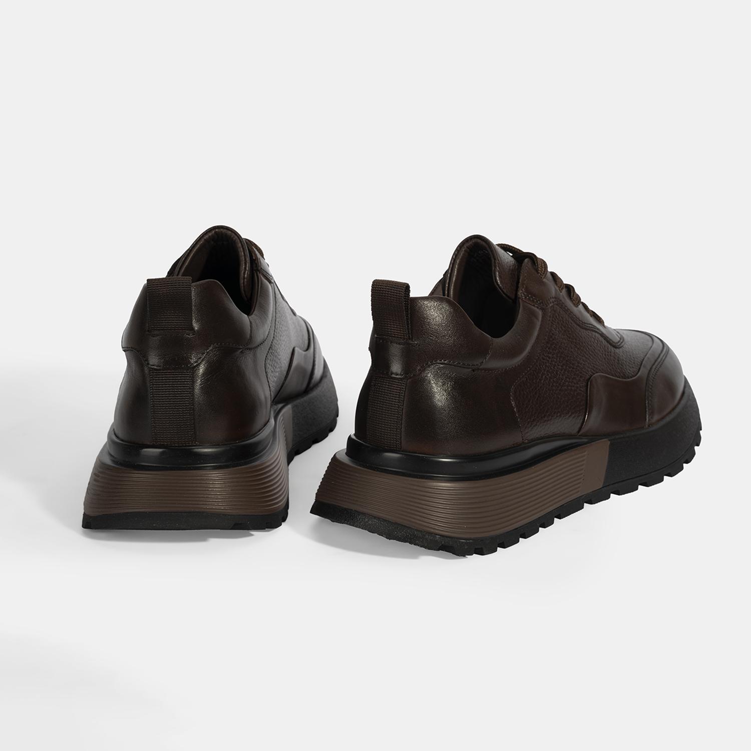 Erkek Kahve Bağcıklı Kalın Tabanlı Deri Sneaker