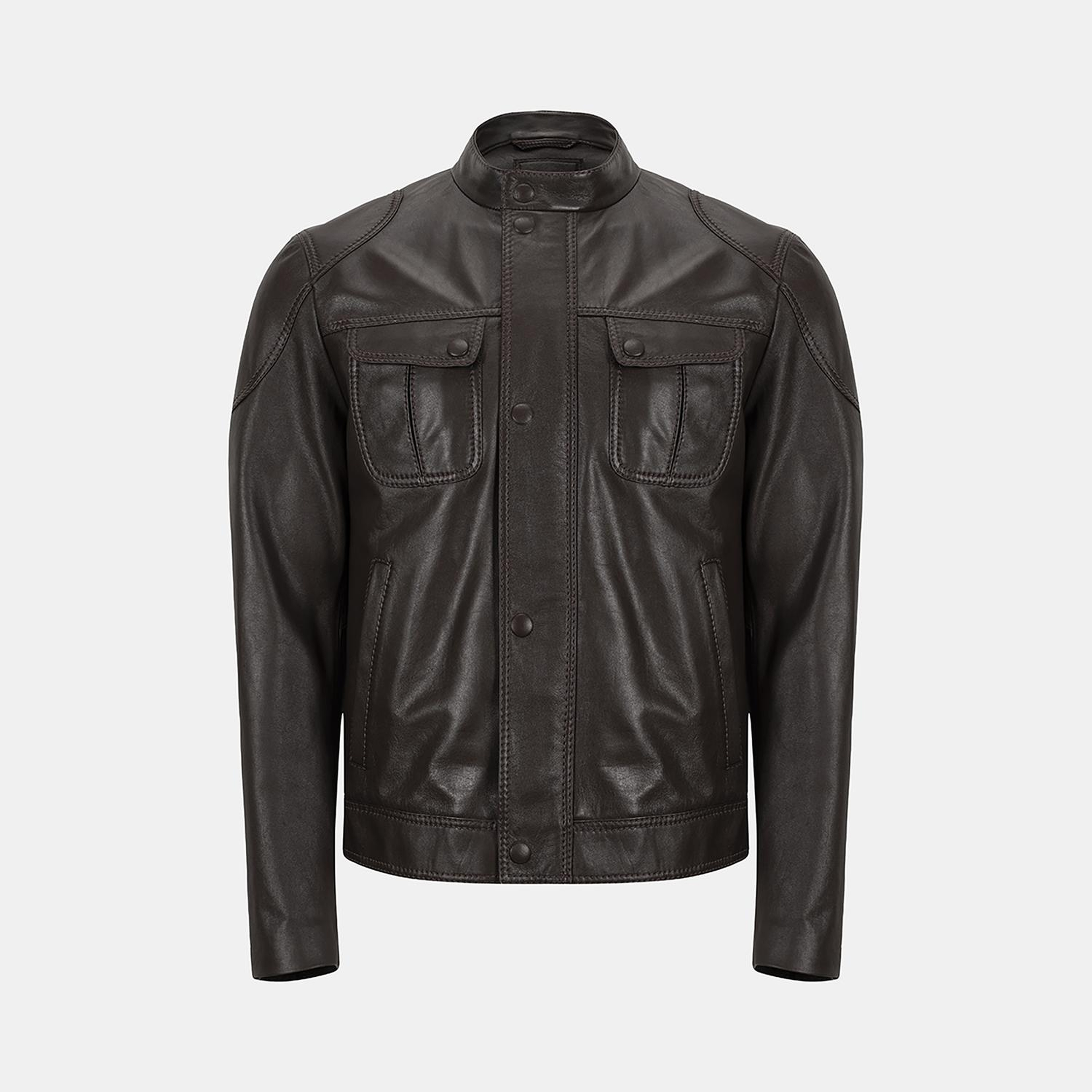 Erkek Koyu Kahve Hakim Yakalı Deri Ceket