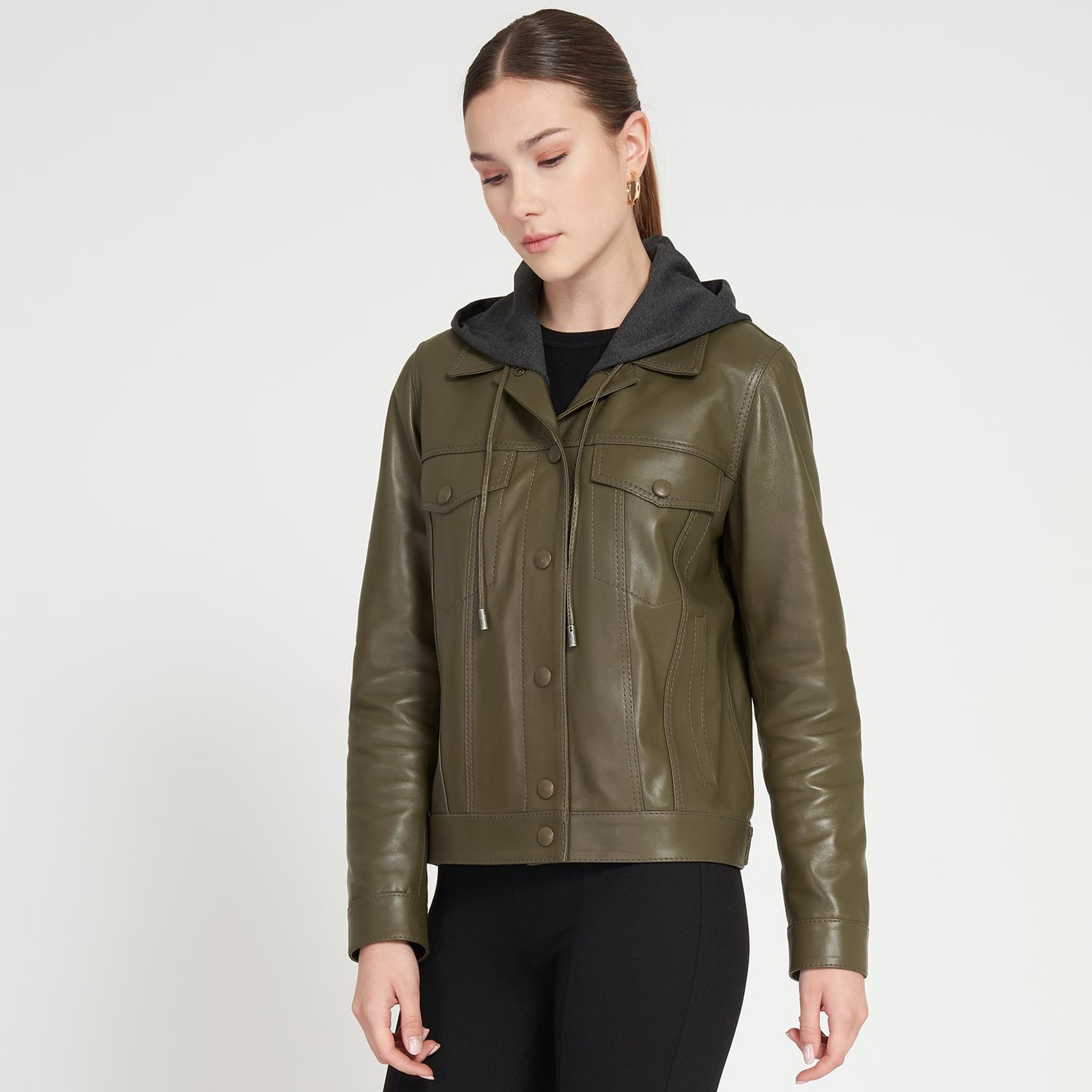 Alicia Haki Kadın Deri Kapüşonlu Ceket