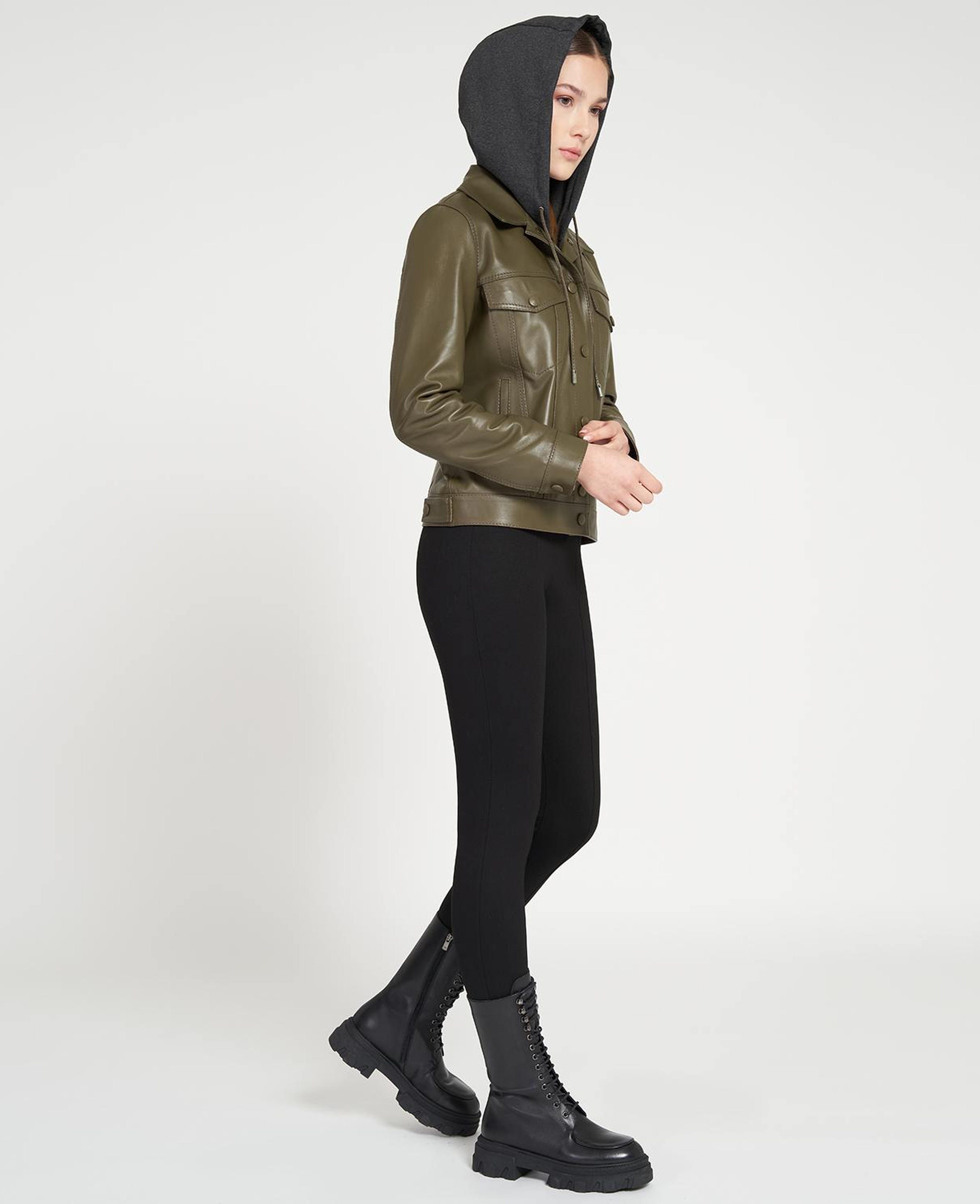 Alicia Haki Kadın Deri Kapüşonlu Ceket