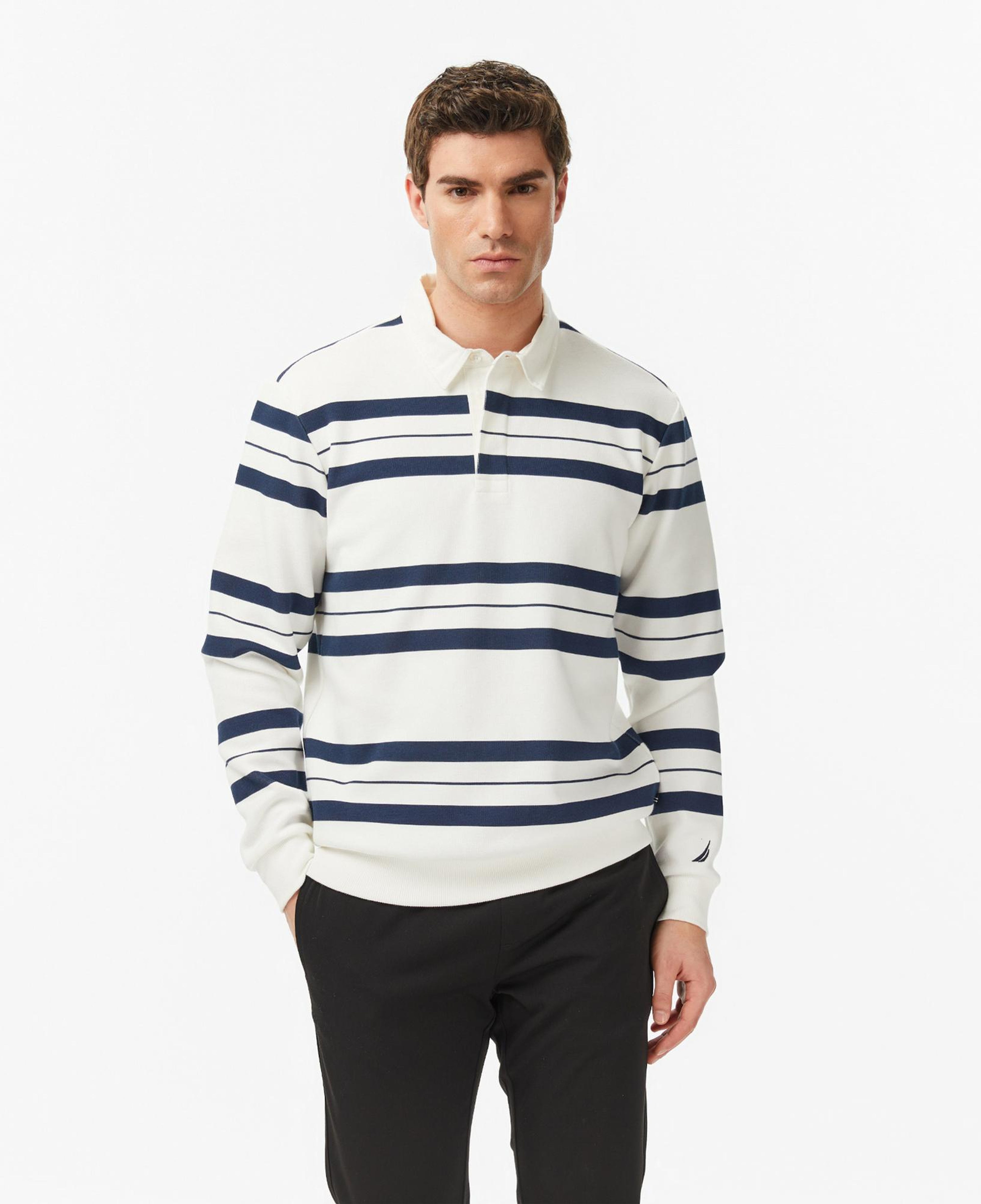 Nautica Erkek Krem Regular Fit Uzun Kollu Çizgili Polo Yaka T-Shirt