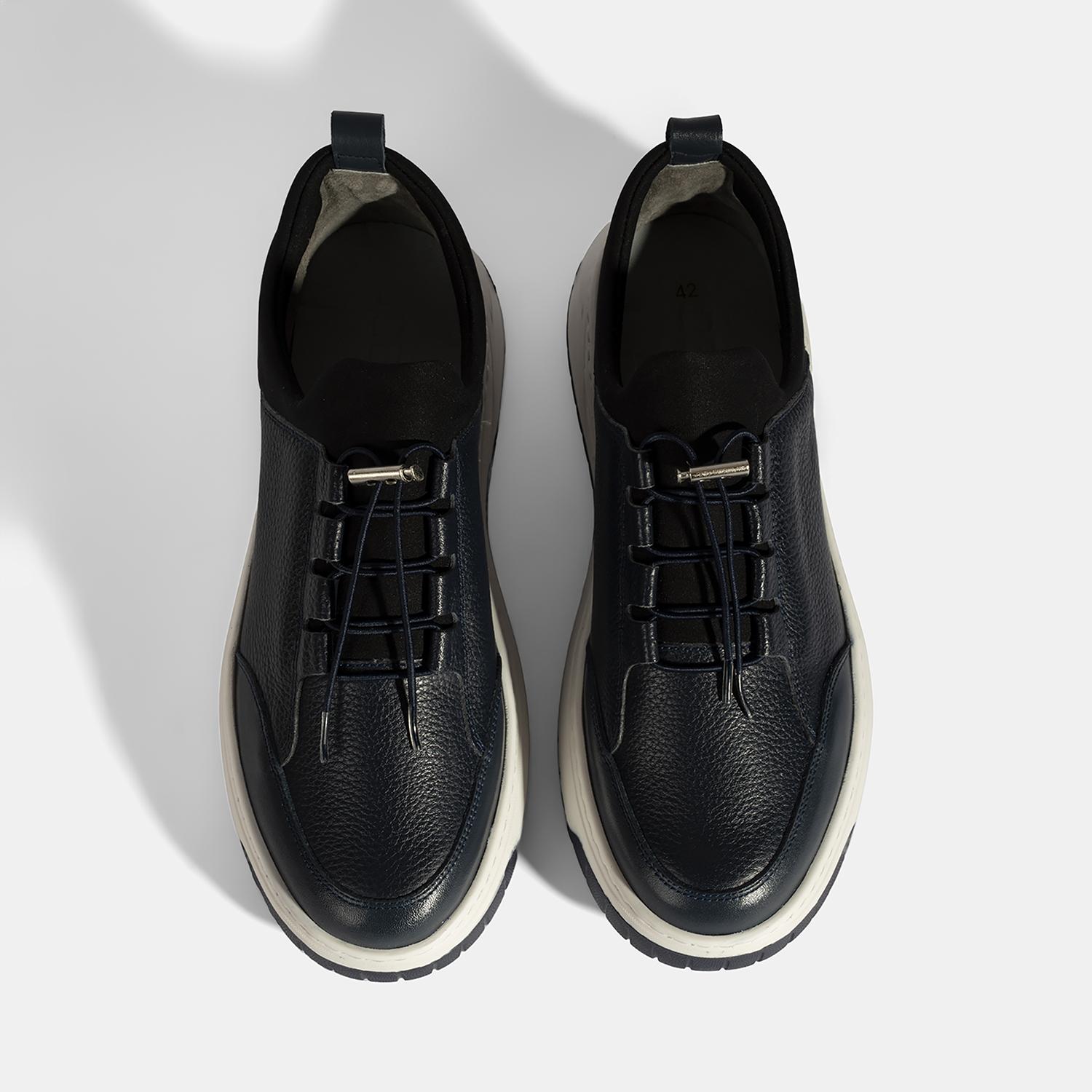 Erkek Lacivert Lastik Bağcıklı Deri Sneaker