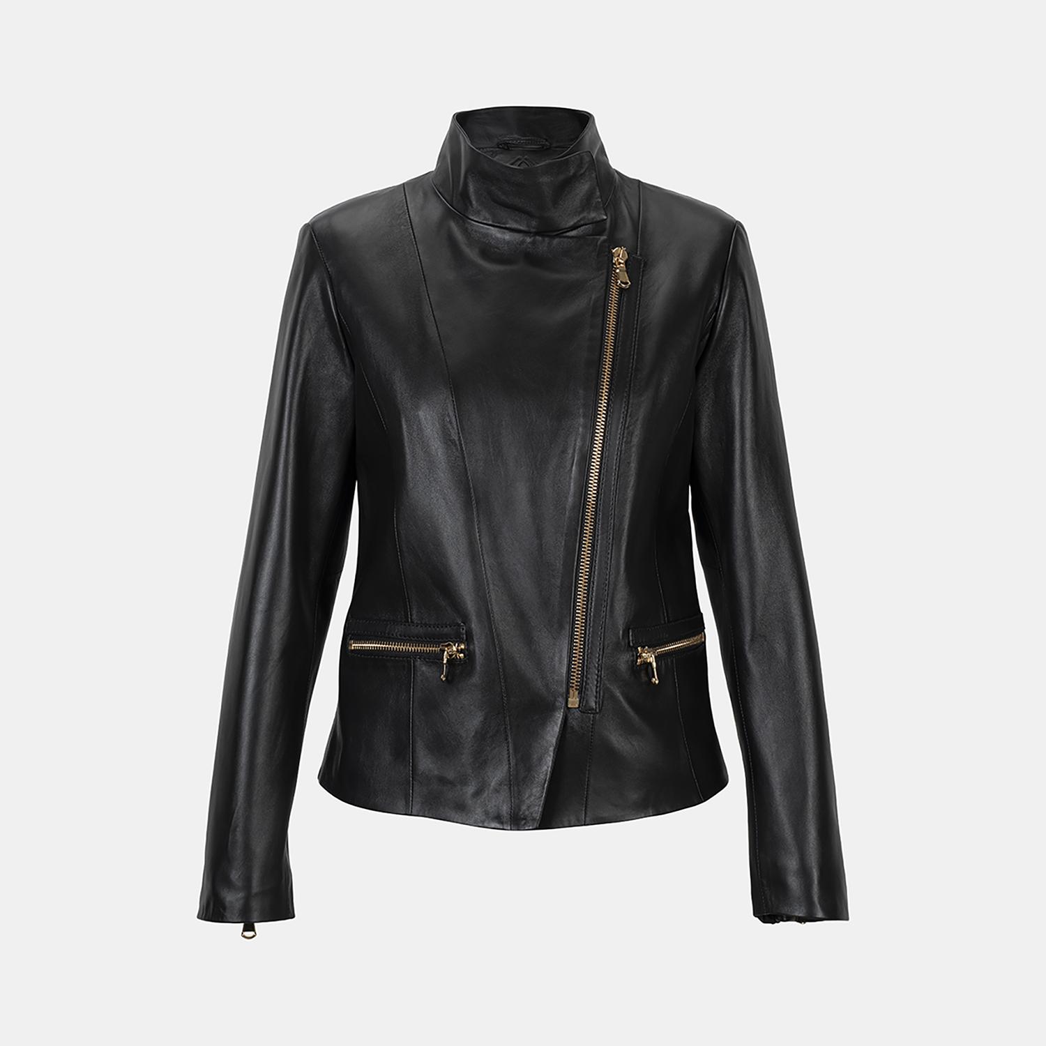 Kadın Siyah Hakim Yakalı Fit Deri Ceket