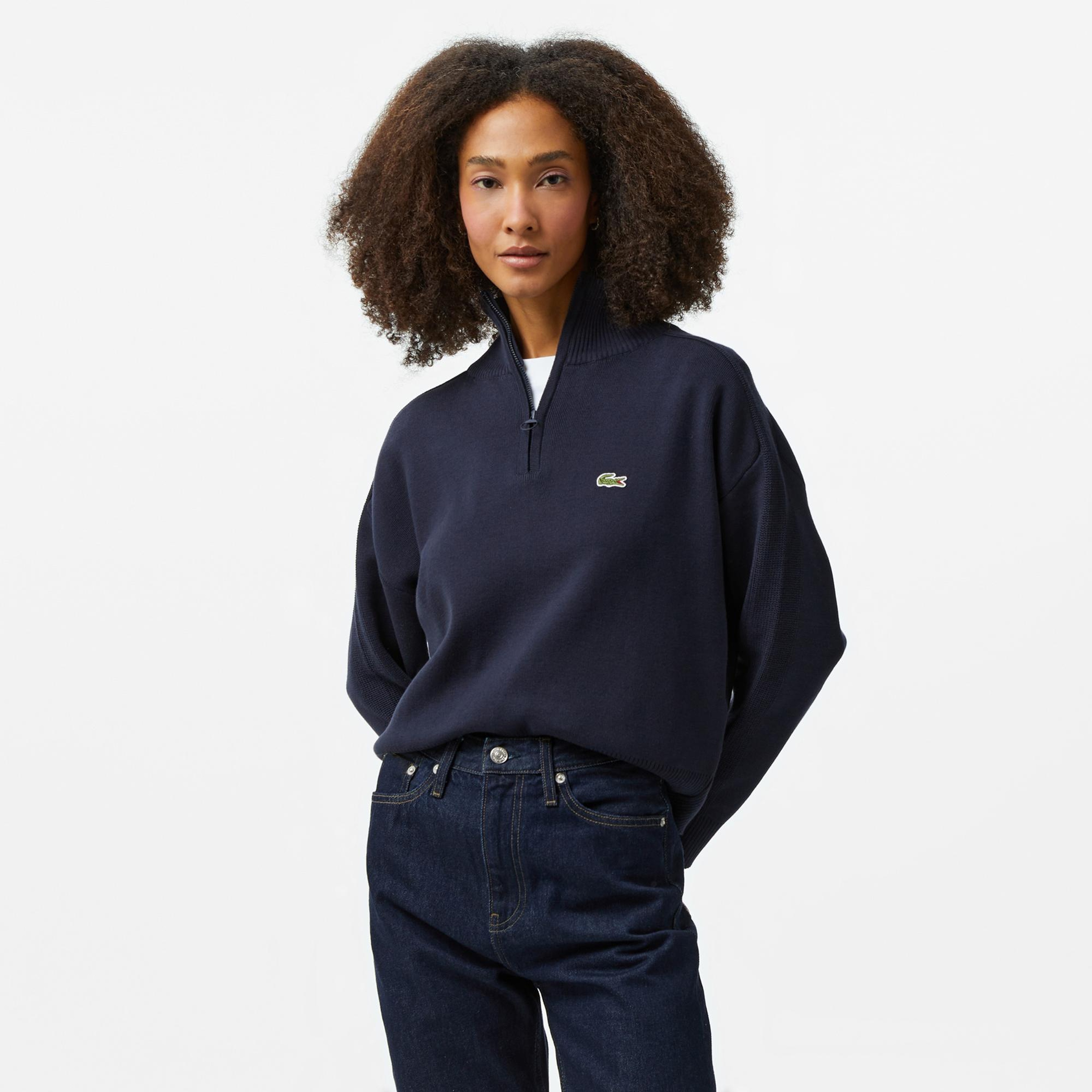 Lacoste Kadın Relaxed Fit Yarım Fermuarlı Lacivert Triko