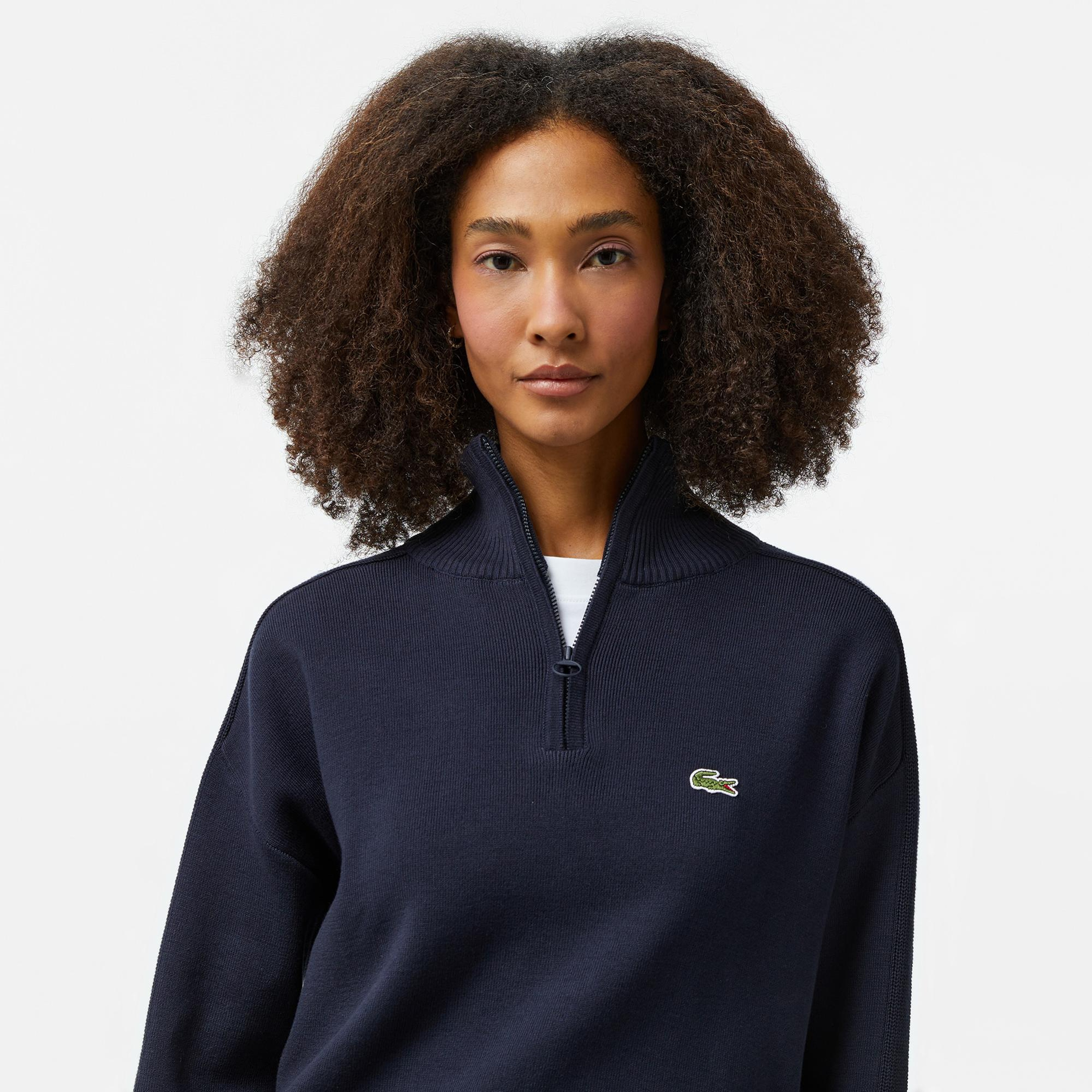 Lacoste Kadın Relaxed Fit Yarım Fermuarlı Lacivert Triko